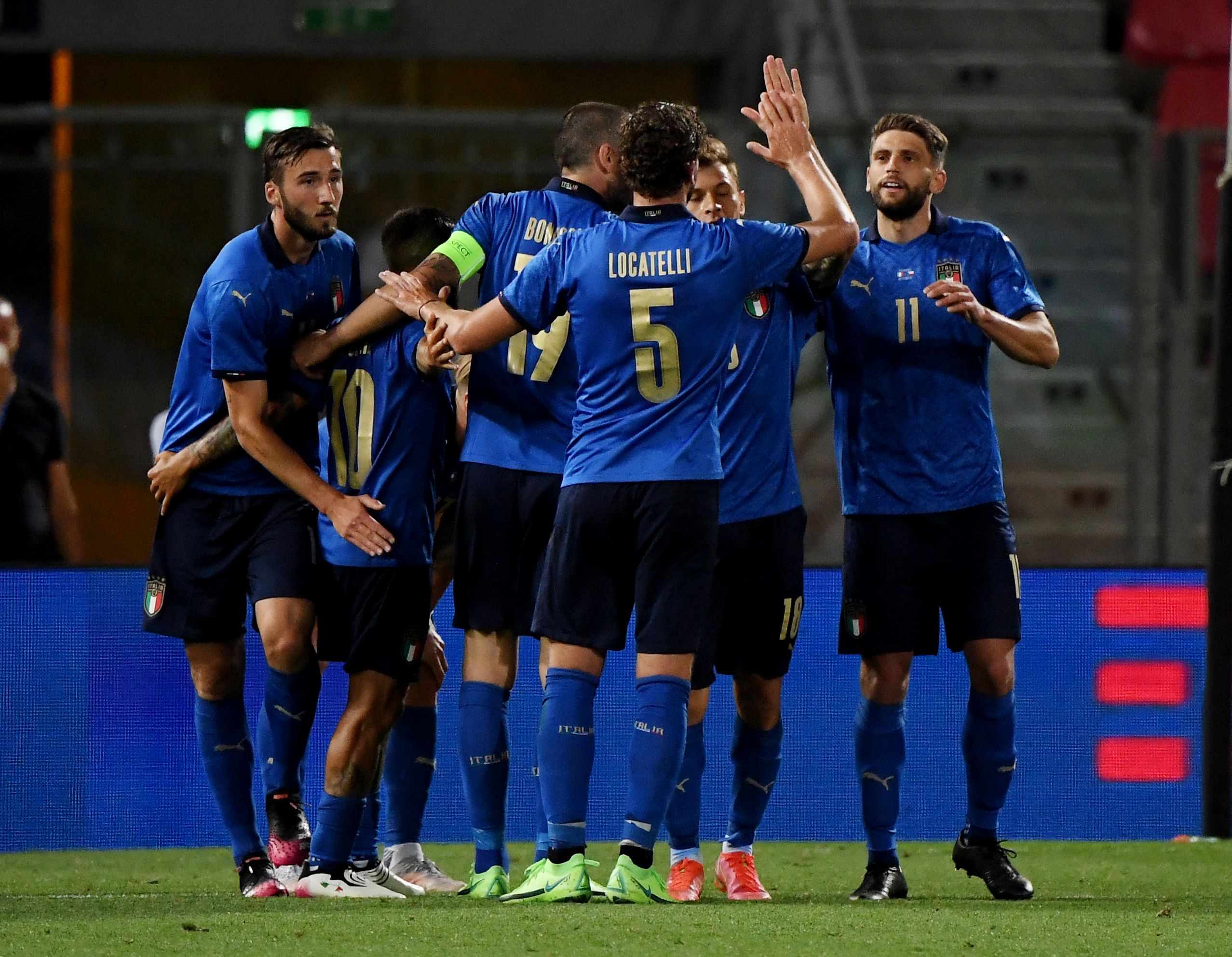 Soccer Football - International Friendly - Italy v Czech Republic - Stadio Renato Dall'Ara, Bologna, Italy - June 4, 2021 Italy's Domenico Berardi celebrates scoring their fourth goal with teammates REUTERS