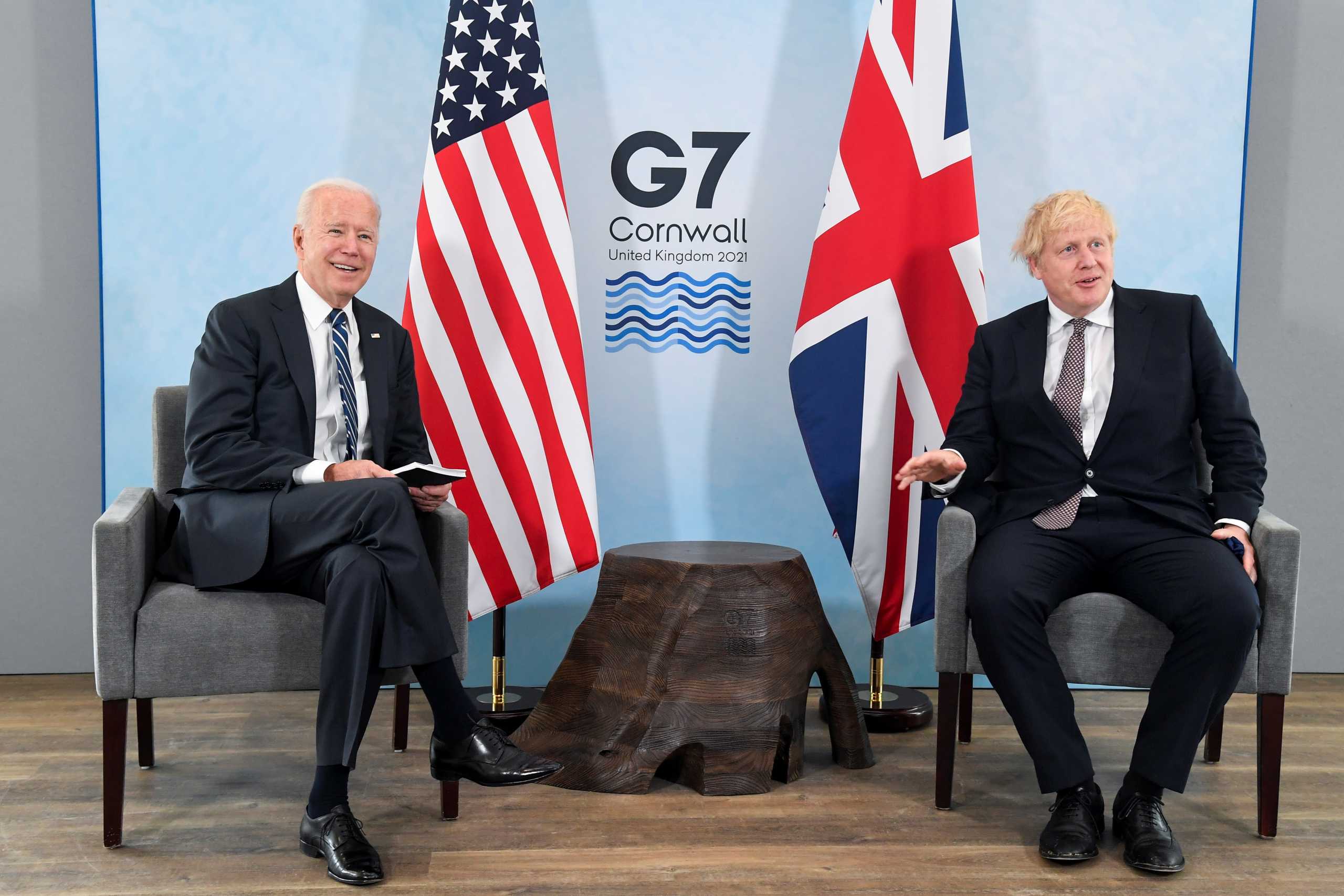 Britain's Prime Minister Boris Johnson meets with U.S. President Joe Biden, ahead of the G7 summit, at Carbis Bay, Cornwall, Britain June 10, 2021. REUTERS