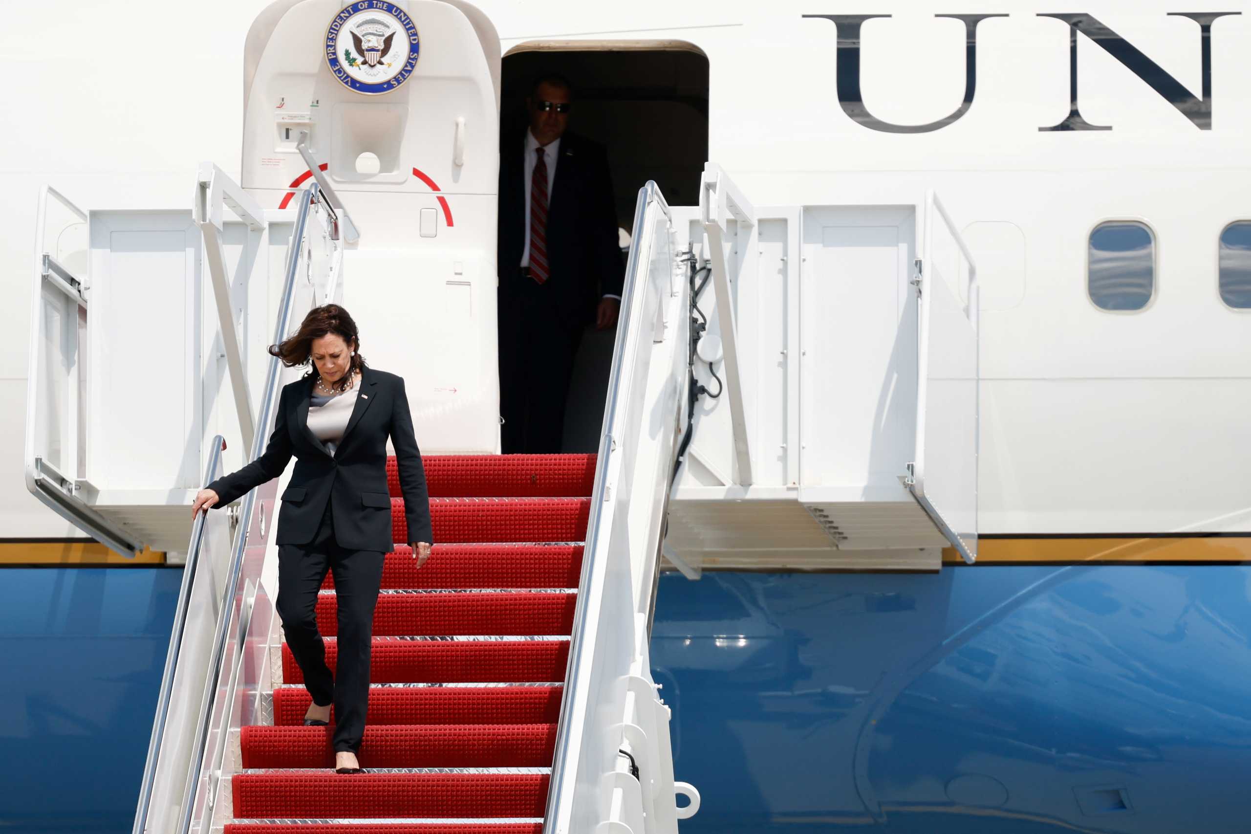 U.S. Vice President Kamala Harris gets off the Air Force Two, after technical difficulties that made her change planes for her first international trip as Vice President to Guatemala and Mexico, at Joint Base Andrews, Maryland, U.S., June 6, 2021. REUTERS