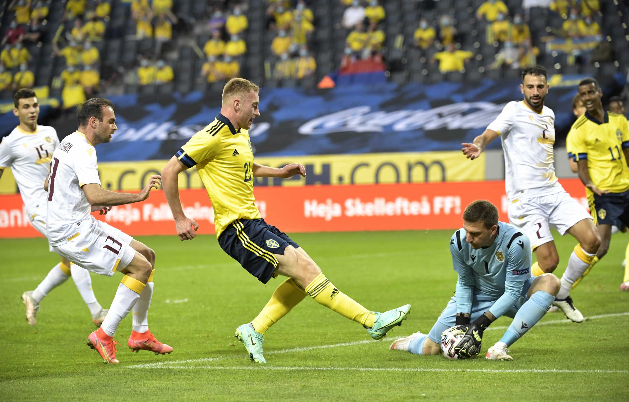 Soccer Football - International Friendly - Sweden v Armenia - Friends Arena, Stockholm, Sweden - June 5, 2021 Armenia's David Yurchenko saves a shot from Sweden's Dejan Kulusevski TT News Agency via REUTERS