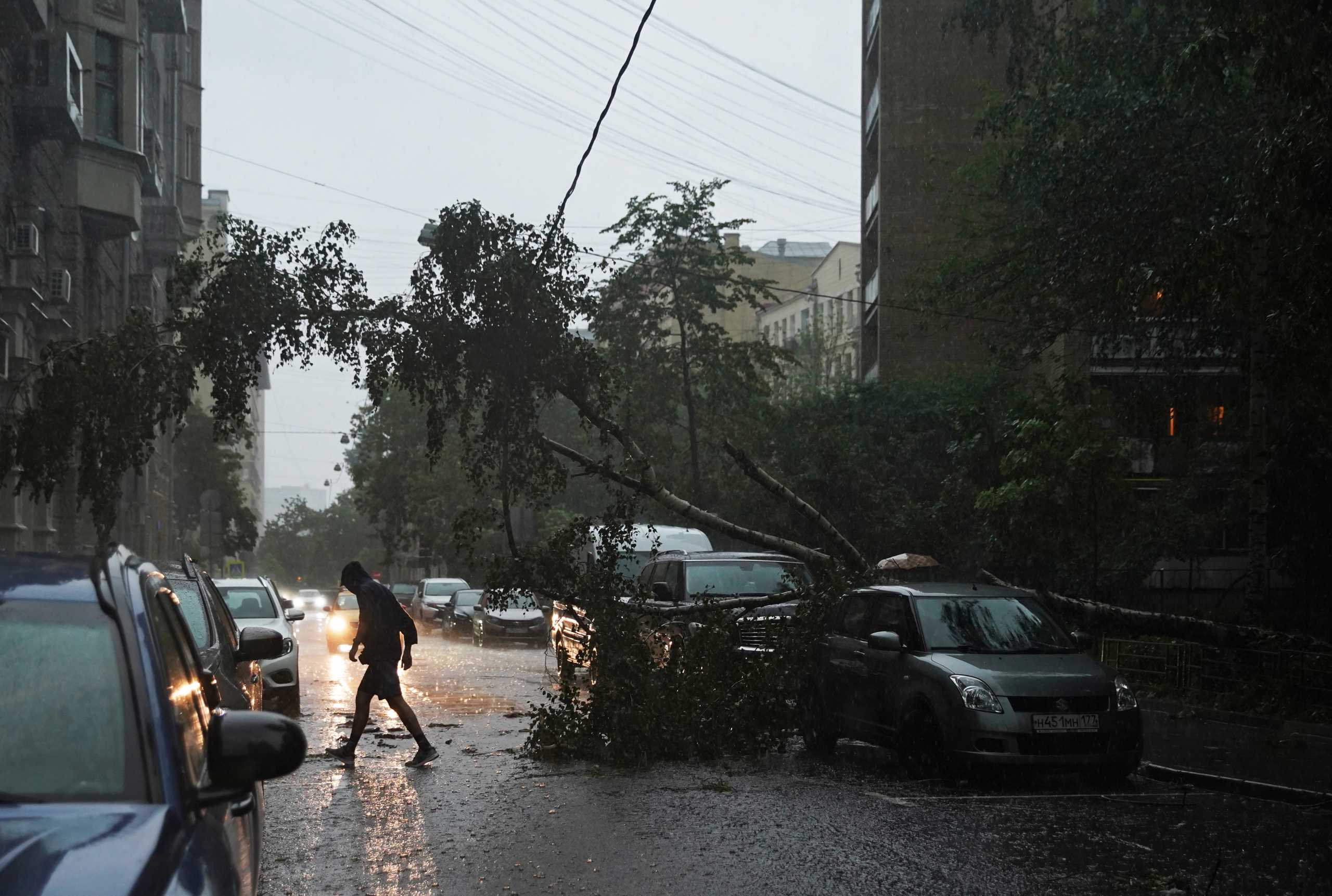 A fallen tree is seen in a street following heavy rainfall in Moscow, Russia June 28, 2021. REUTERS