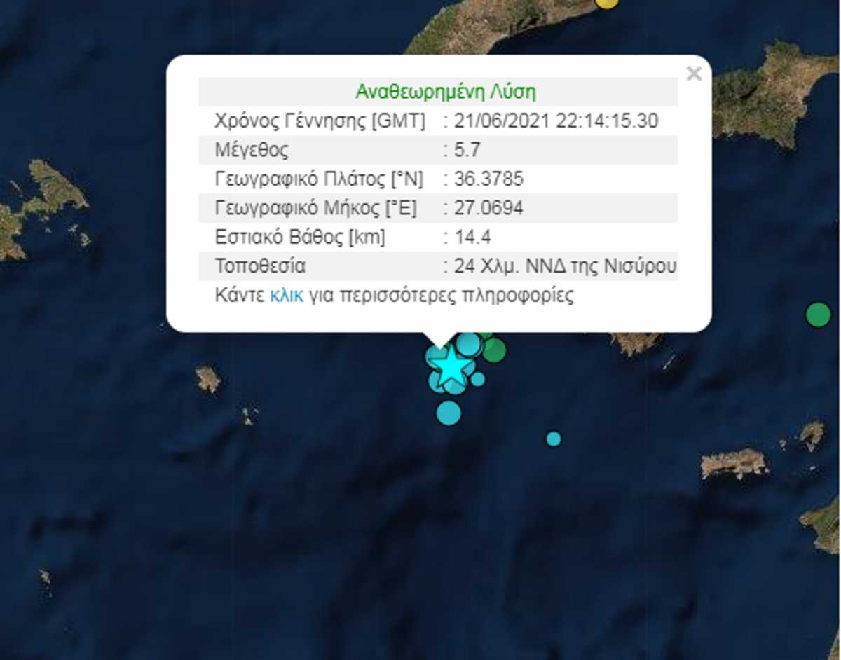 Σεισμός 5,7 Ρίχτερ ανάμεσα σε Νίσυρο και Τήλο
