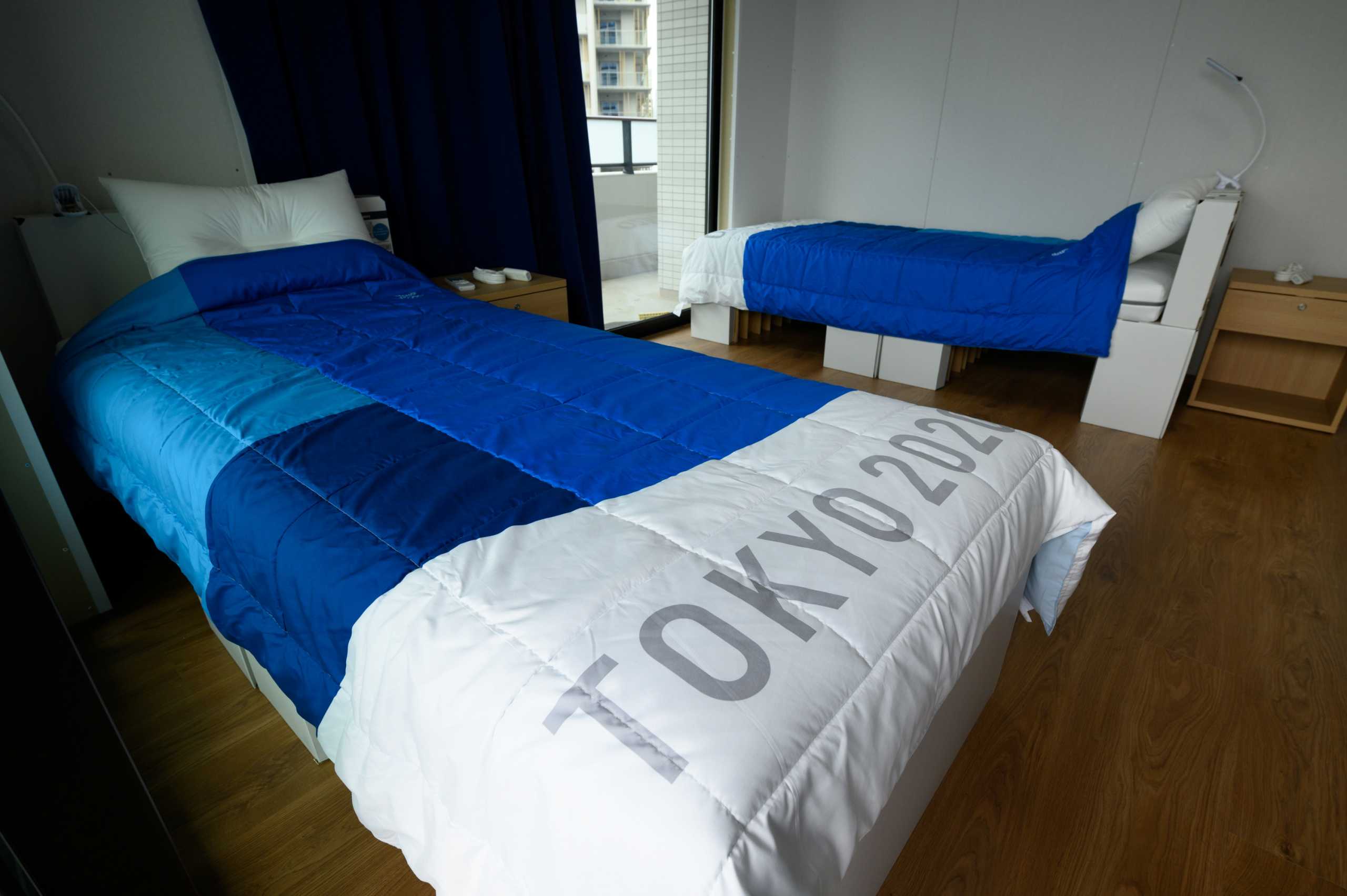 Recyclable cardboard beds and mattresses for athletes are pictured during a media tour at the Olympic and Paralympic Village for the Tokyo 2020 Games, in Tokyo, Japan June 20, 2021. Akio Kon