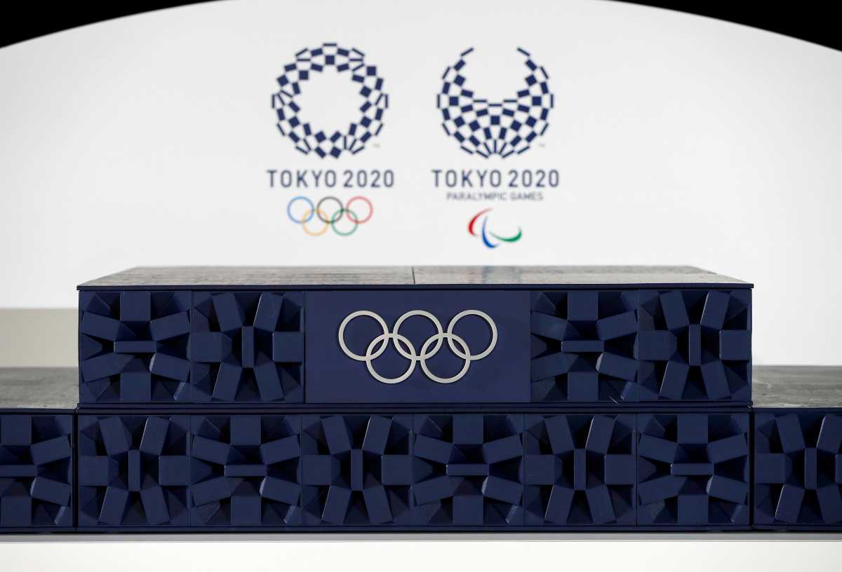A podium that will be used for the victory ceremonies of the Tokyo 2020 Olympic and Paralympic Games is displayed during the unveiling event at Ariake Arena in Tokyo, Japan June 3, 2021.  REUTERS