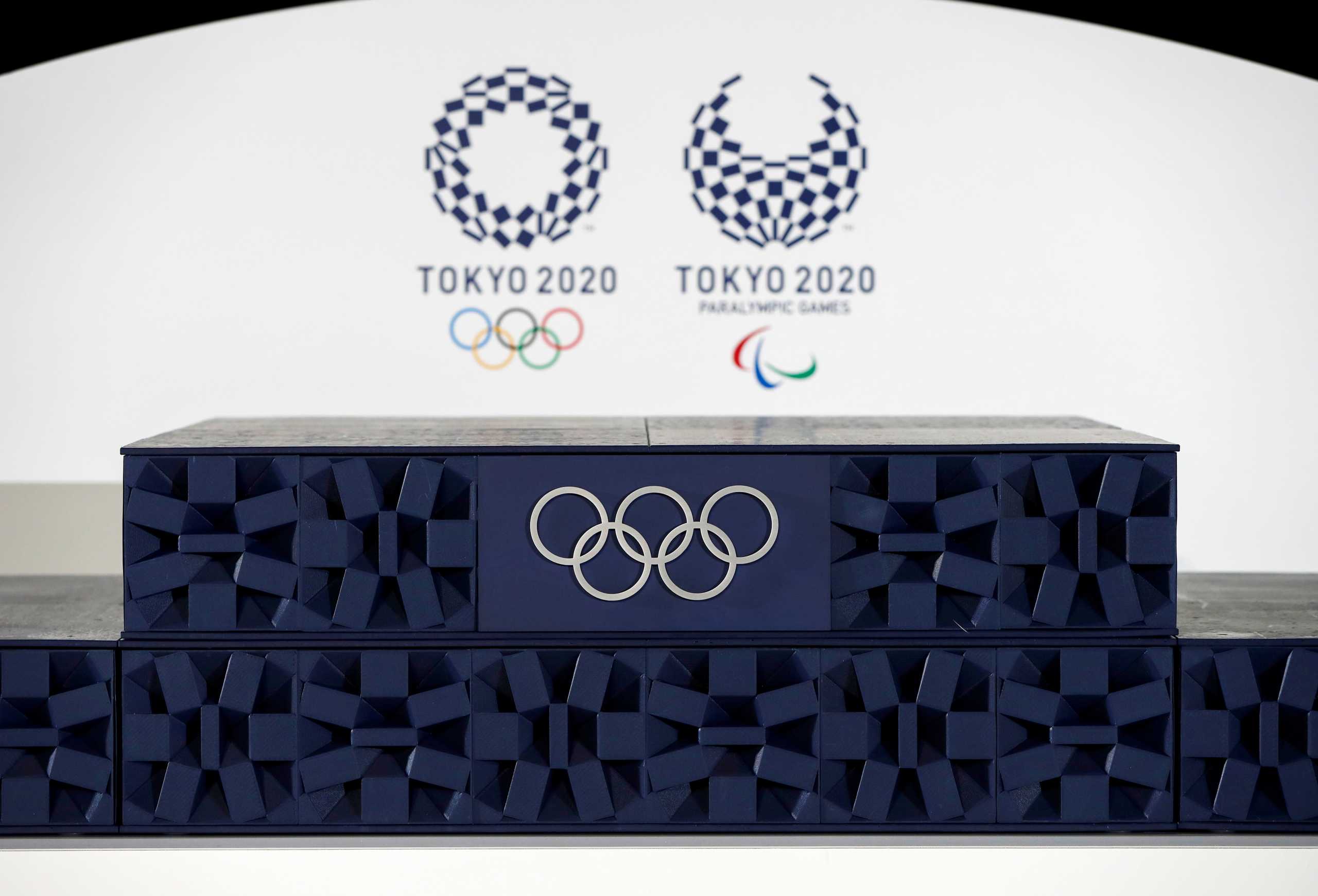 A podium that will be used for the victory ceremonies of the Tokyo 2020 Olympic and Paralympic Games is displayed during the unveiling event at Ariake Arena in Tokyo, Japan June 3, 2021.  REUTERS
