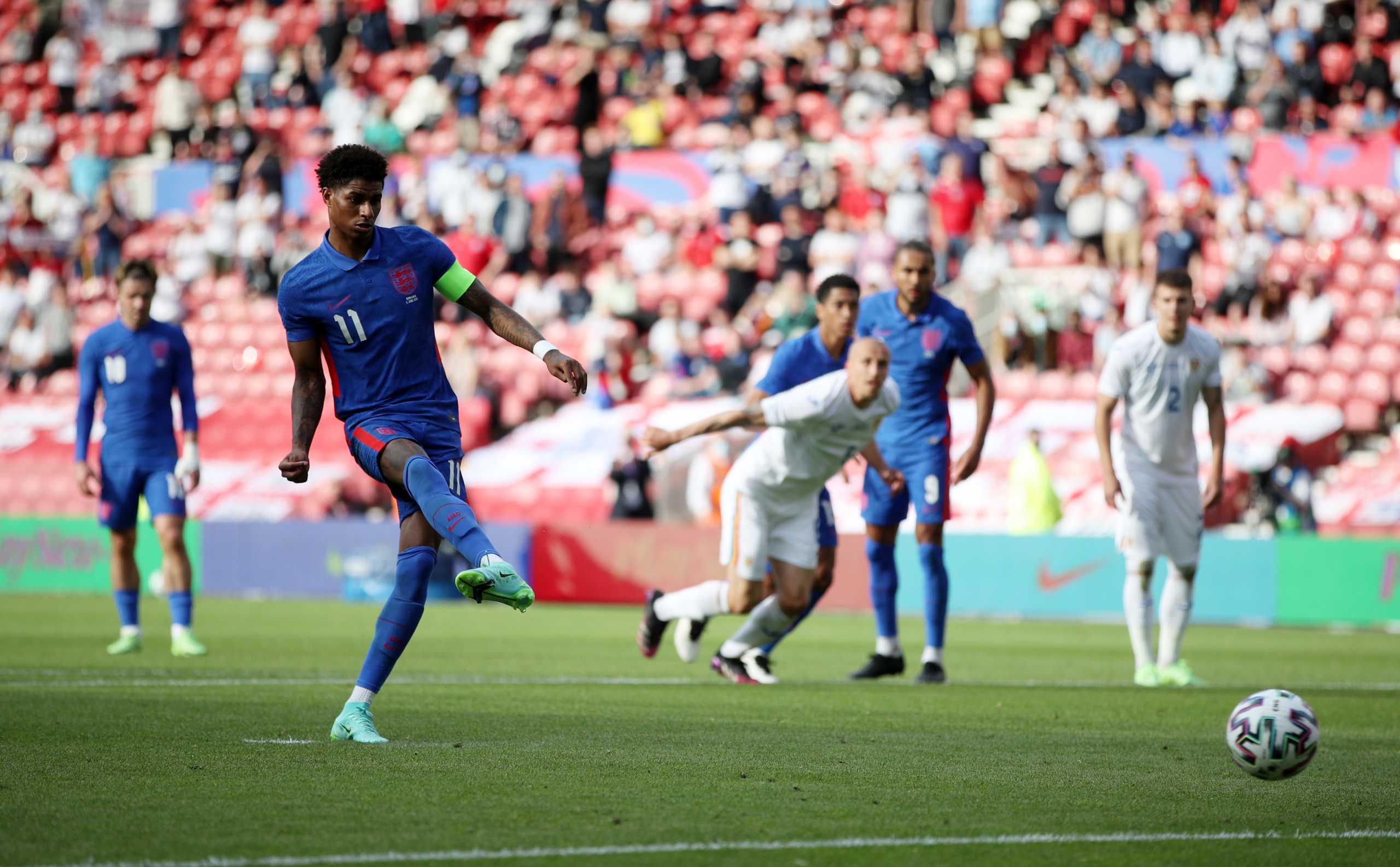Soccer Football - International Friendly - England v Romania - Riverside Stadium, Middlesbrough, Britain - June 6, 2021 England's Marcus Rashford scores their first goal from the penalty spot Pool via REUTERS