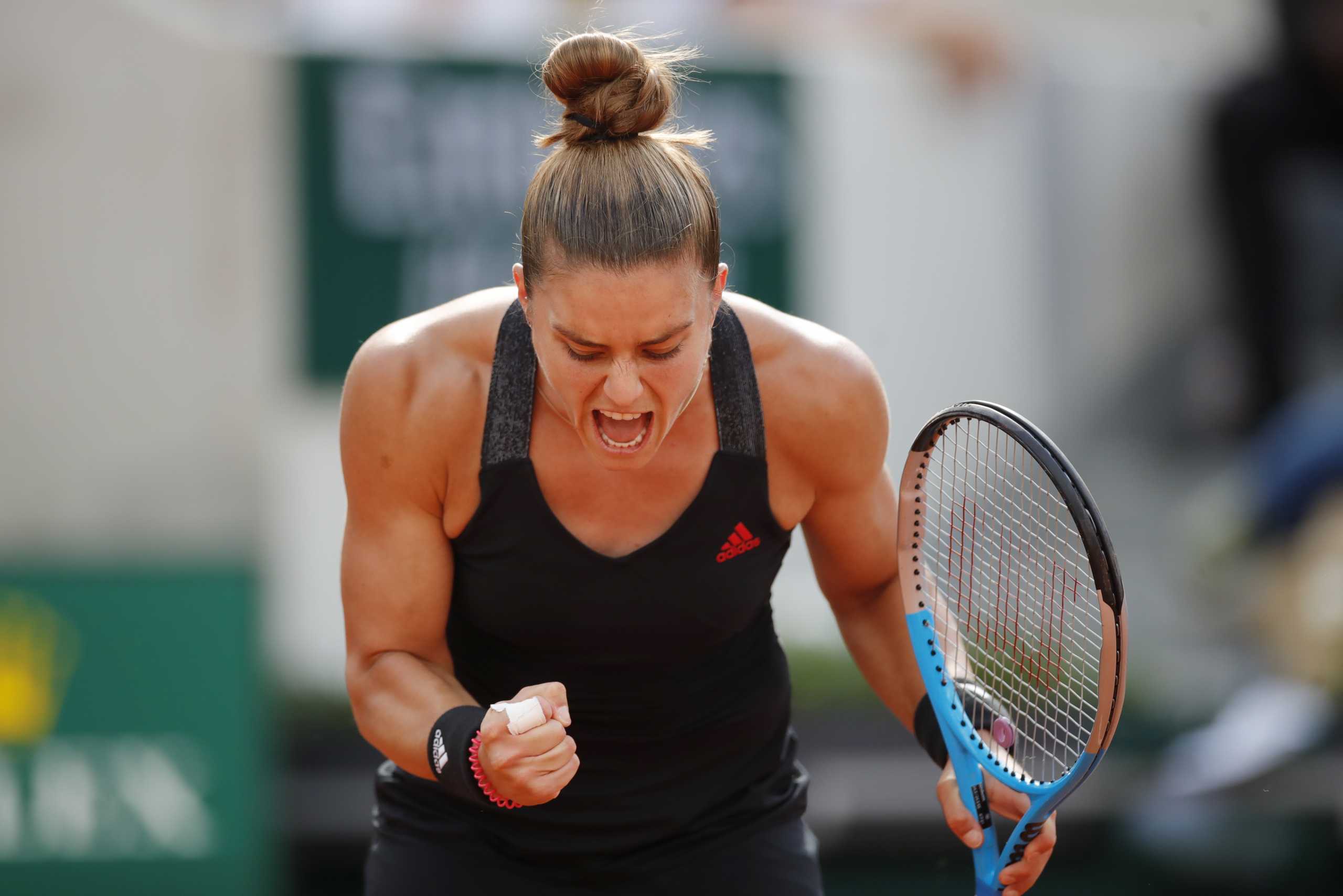Tennis - French Open - Roland Garros, Paris, France - June 7, 2021 Greece's Maria Sakkari celebrates after winning her fourth round match against Sofia Kenin of the U.S. REUTERS