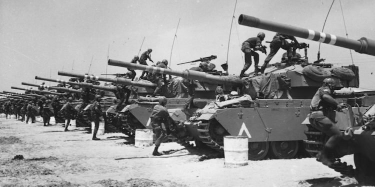 June 1967:  Israeli Centurion tank corps prepare for battle during the Six-Day War.  (Photo by Three Lions