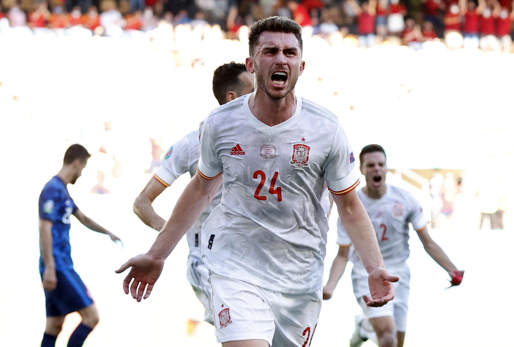 Soccer Football - Euro 2020 - Group E - Slovakia v Spain - La Cartuja Stadium, Seville, Spain - June 23, 2021 Spain's Aymeric Laporte celebrates scoring their second goal Pool via REUTERS