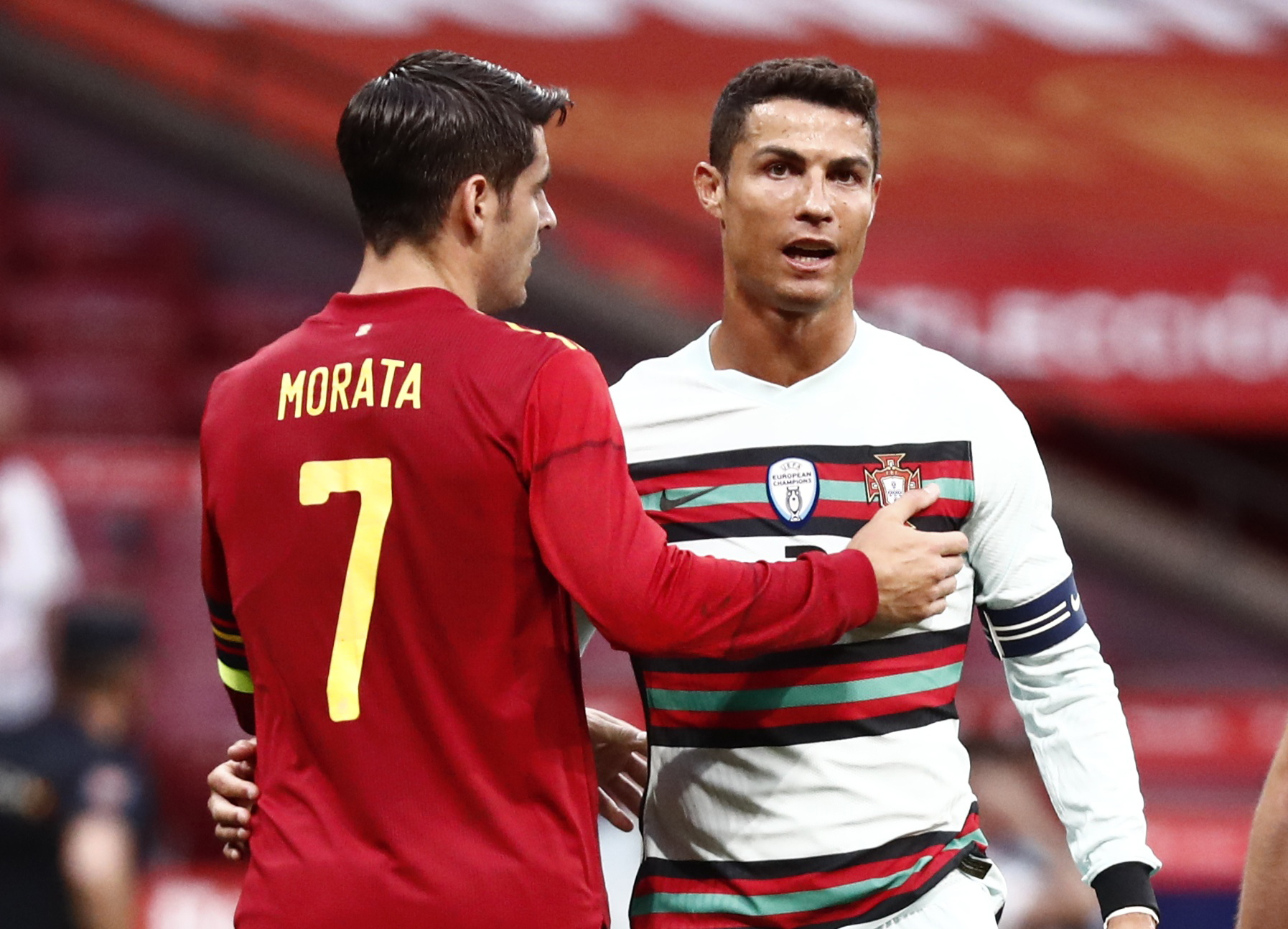 Soccer Football - International Friendly - Spain v Portugal - Wanda Metropolitano, Madrid, Spain - June 4, 2021 Portugal's Cristiano Ronaldo with Spain's Alvaro Morata after the match REUTERS