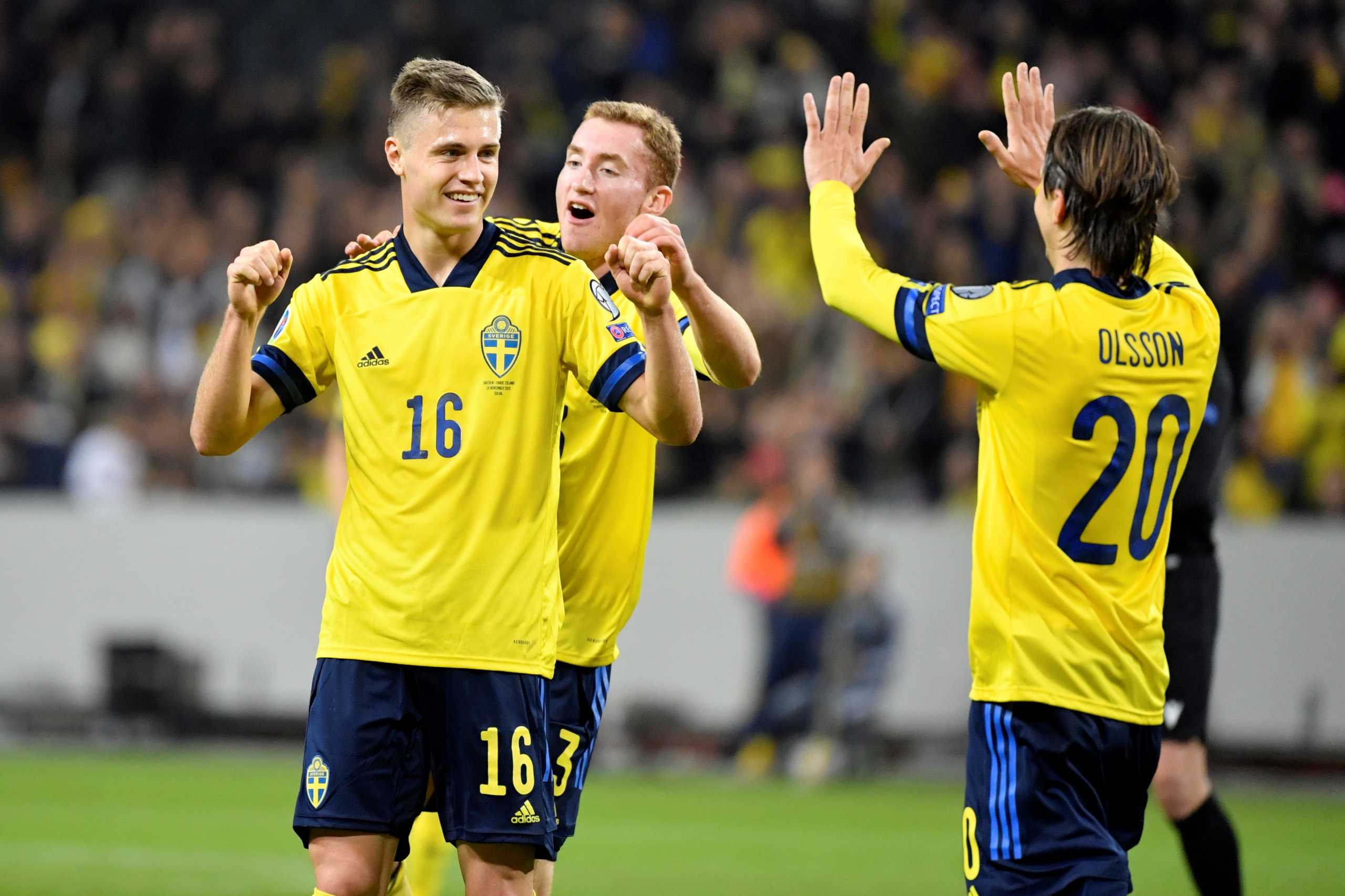 FILE PHOTO: Soccer Football - Euro 2020 Qualifier - Group F - Faroe Islands v Sweden - Friends Arena, Solna, Sweden - November 18, 2019 Sweden's Mattias Svanberg celebrates his 2-0 goal with Dejan Kulusevski and Kristoffer Olsson. TT News Agency