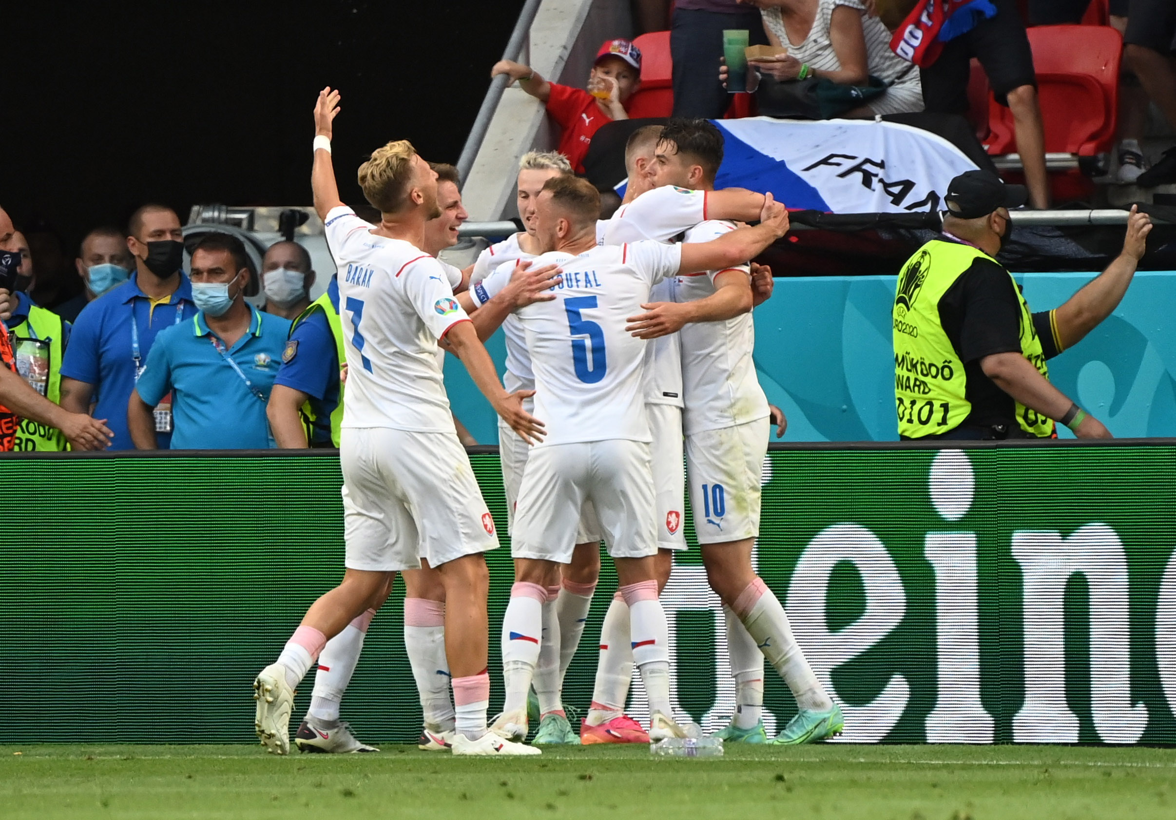 Soccer Football - Euro 2020 - Round of 16 - Netherlands v Czech Republic - Puskas Arena, Budapest, Hungary - June 27, 2021 Czech Republic's Patrik Schick celebrates scoring their second goal with teammates Pool via REUTERS