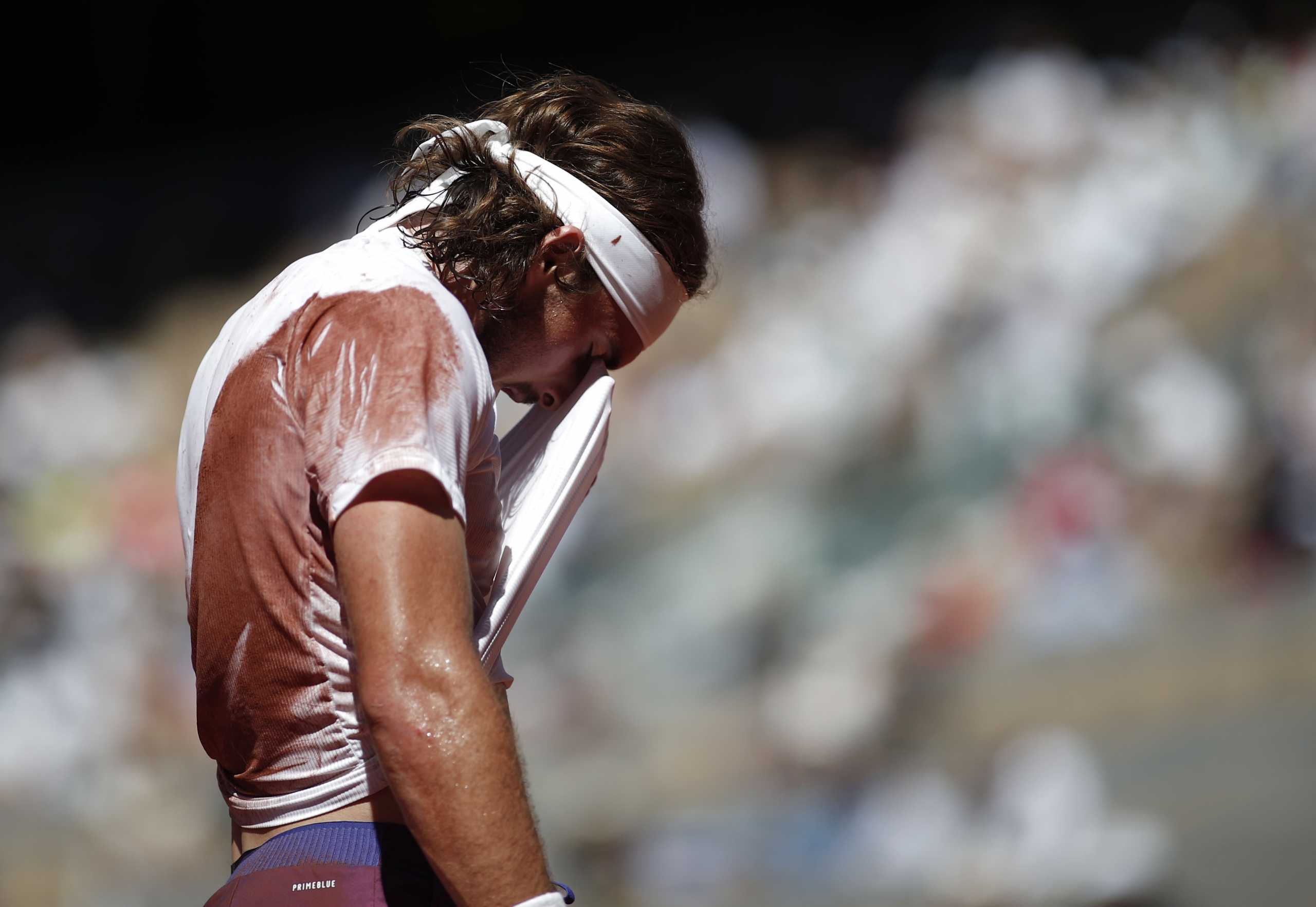 Tennis - French Open - Roland Garros, Paris, France - June 13, 2021 Greece's Stefanos Tsitsipas reacts during the final against Serbia's Novak Djokovic REUTERS