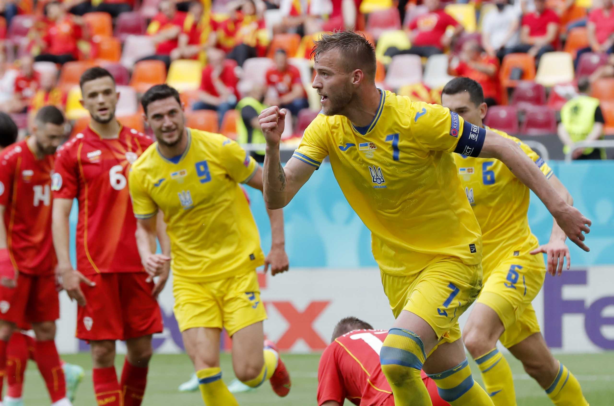 Soccer Football - Euro 2020 - Group C - Ukraine v North Macedonia - National Arena, Bucharest, Romania - June 17, 2021 Ukraine's Andriy Yarmolenko celebrates scoring their first goal Pool via REUTERS