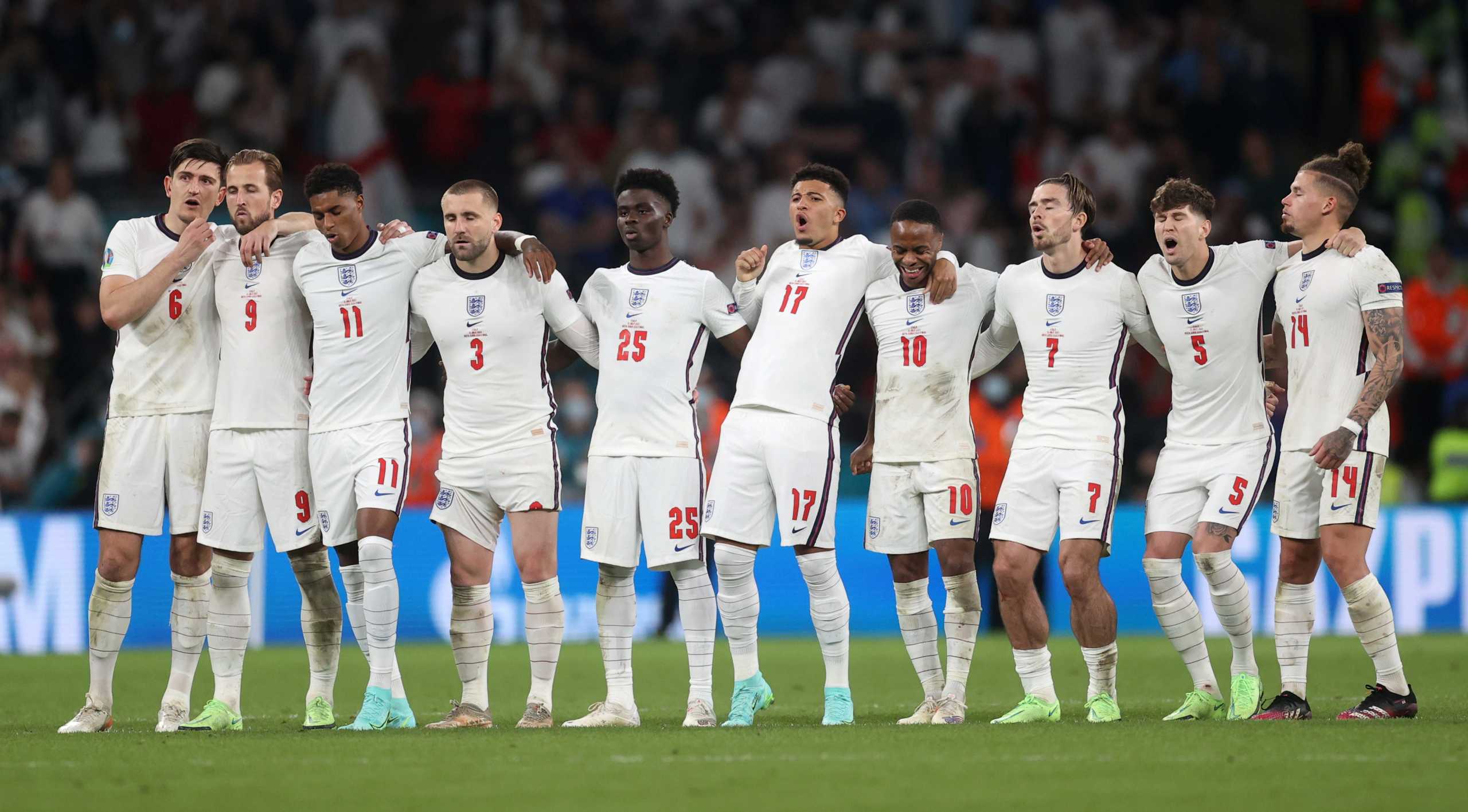 Soccer Football - Euro 2020 - Final - Italy v England - Wembley Stadium, London, Britain - July 11, 2021   England players look on during a penalty shootout Pool via REUTERS