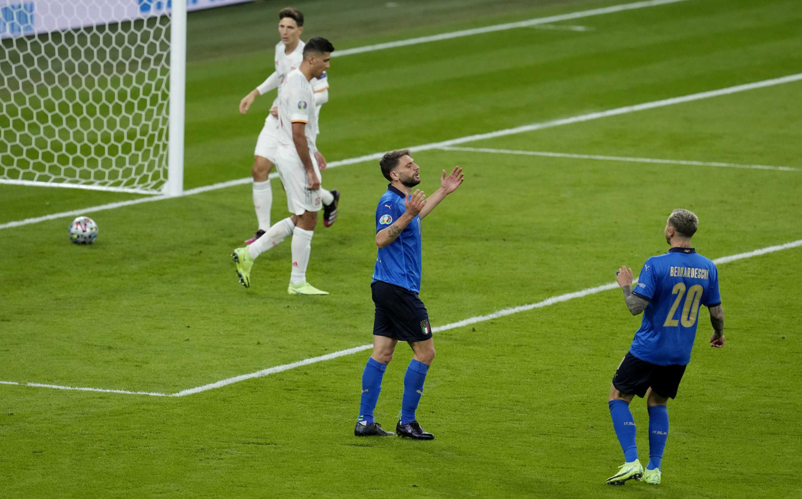 Soccer Football - Euro 2020 - Semi Final - Italy v Spain - Wembley Stadium, London, Britain - July 6, 2021 Italy's Domenico Berardi reacts after having his goal disallowed Pool via REUTERS