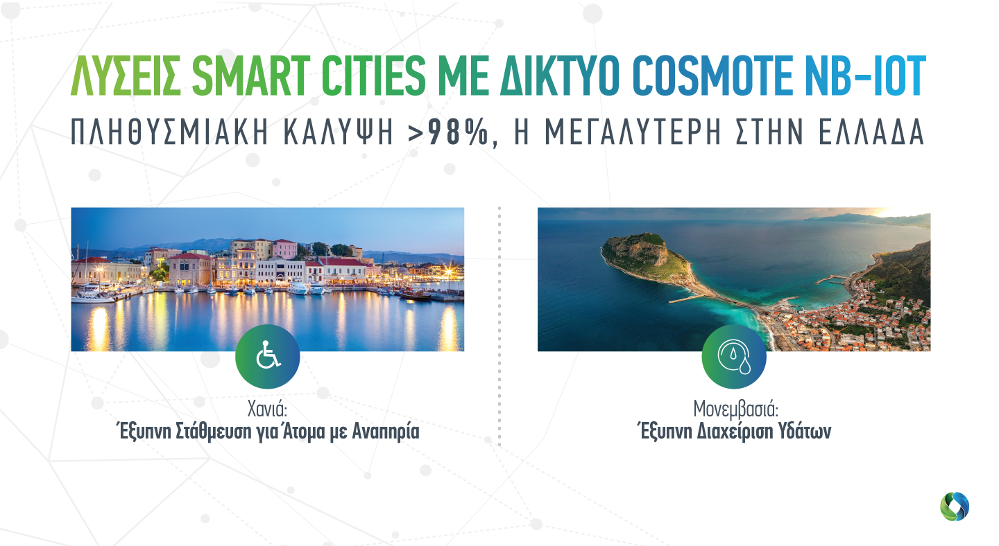 COSMOTE: Λύσεις smart cities με τεχνολογία ΝΒ-ΙοΤ στα Χανιά και τη Μονεμβασιά