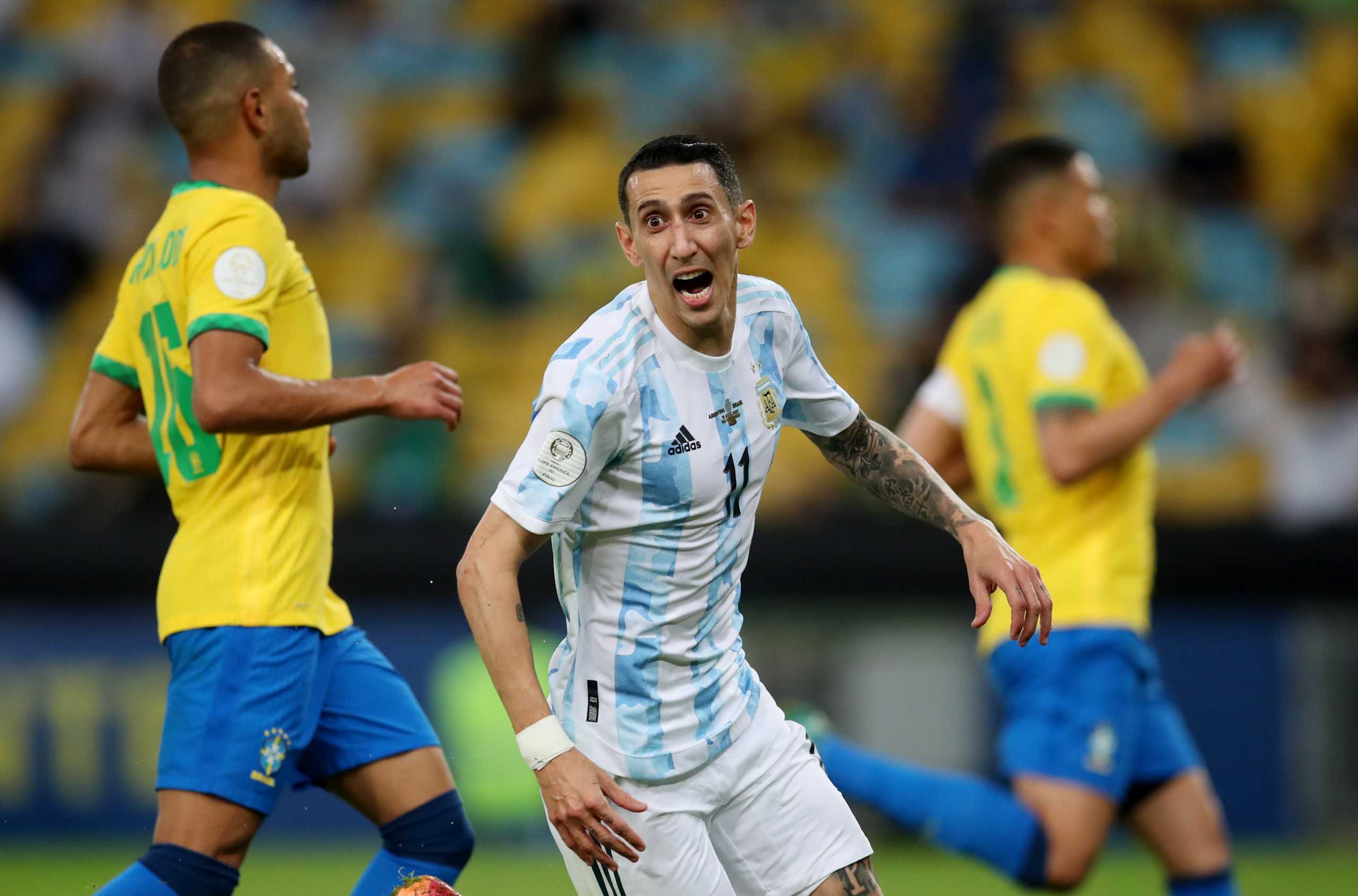 Soccer Football - Copa America  2021 - Final - Brazil v Argentina - Estadio Maracana, Rio de Janeiro, Brazil - July 10, 2021 Argentina's Angel Di Maria celebrates scoring their first goal REUTERS