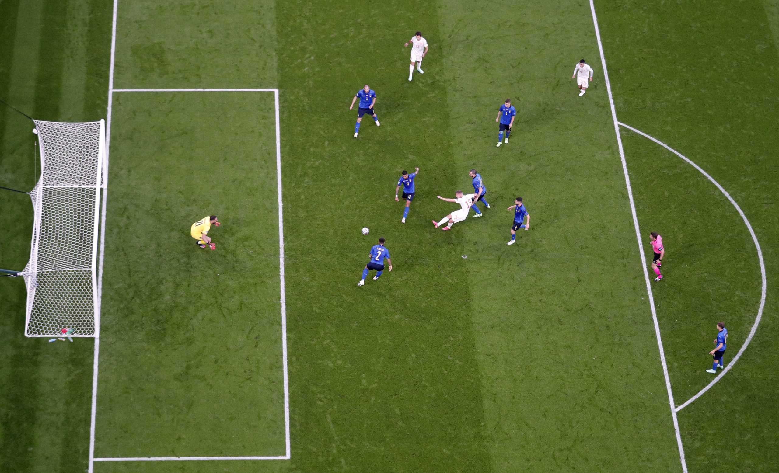 Soccer Football - Euro 2020 - Semi Final - Italy v Spain - Wembley Stadium, London, Britain - July 6, 2021 General view as Spain's Dani Olmo shoots at goal REUTERS