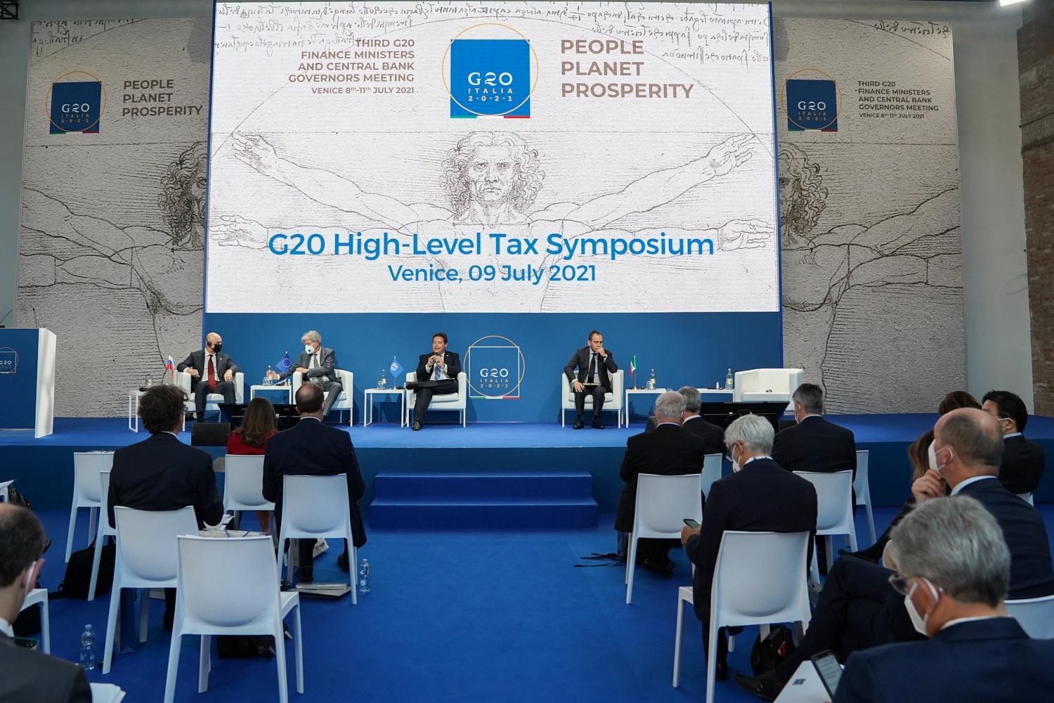 Participants attend the G20 high-level tax symposium during the G20 finance ministers and central bank governors' meeting in Venice, Italy, July 9, 2021. G20 Italy