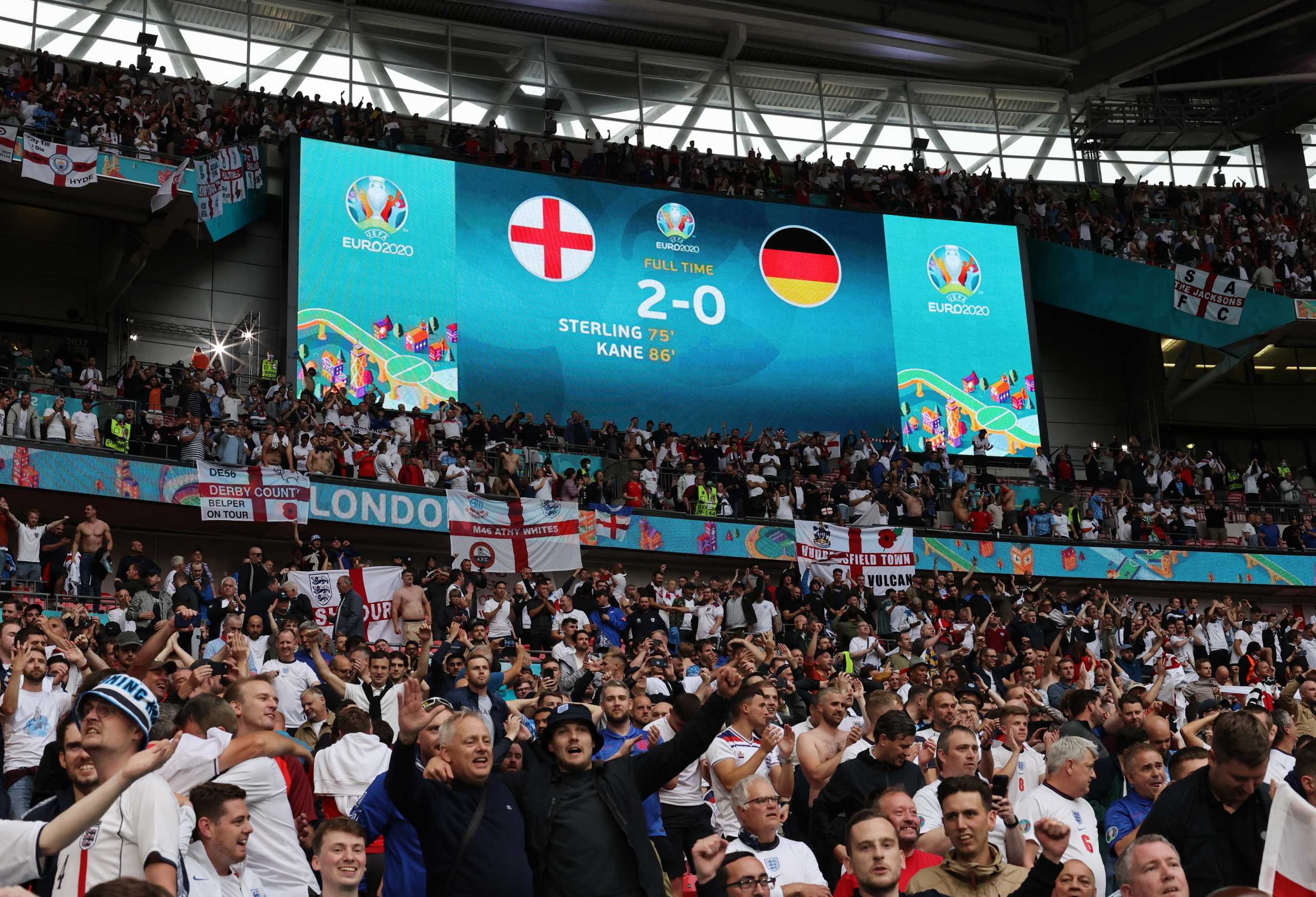 Soccer Football - Euro 2020 - Round of 16 - England v Germany - Wembley Stadium, London, Britain - June 29, 2021  General view of the scoreboard as fans celebrate after the match Pool via REUTERS