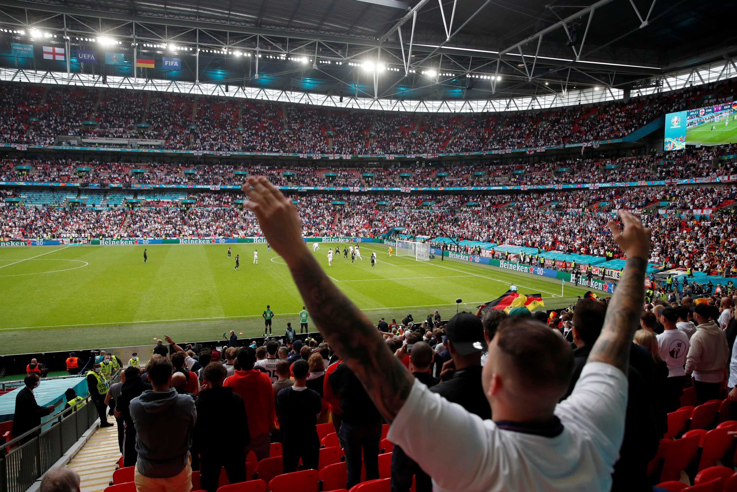 Soccer Football - Euro 2020 - Round of 16 - England v Germany - Wembley Stadium, London, Britain - June 29, 2021 England fan celebrates during the match Pool via REUTERS