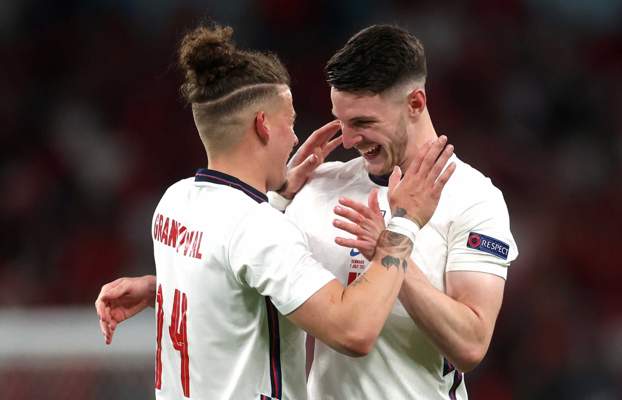 FILE PHOTO: Soccer Football - Euro 2020 - Semi Final - England v Denmark - Wembley Stadium, London, Britain - July 7, 2021 England's Declan Rice and Kalvin Phillips celebrate after the match Pool via REUTERS