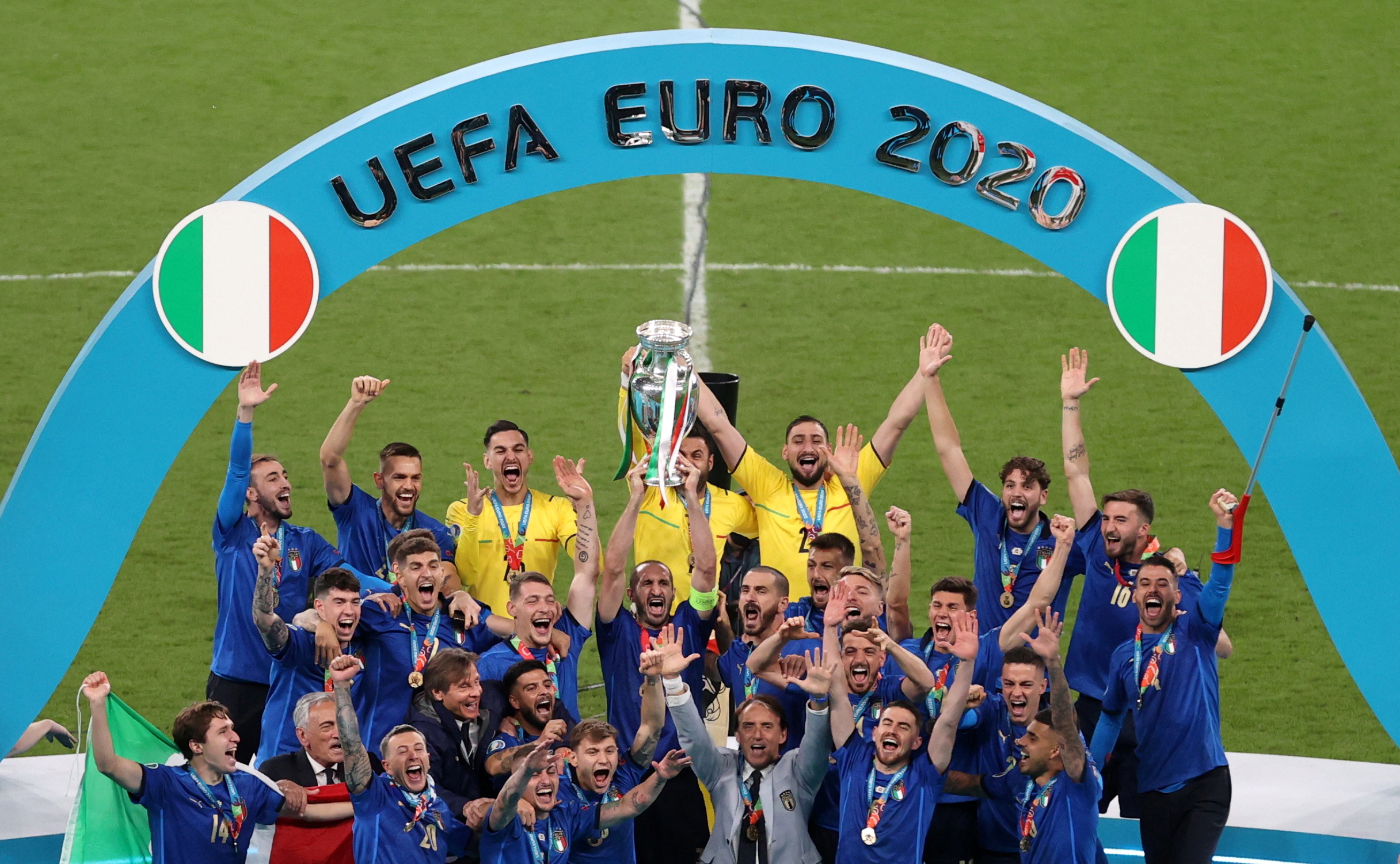 Soccer Football - Euro 2020 - Final - Italy v England - Wembley Stadium, London, Britain - July 11, 2021  Italy celebrate with the trophy after winning Euro 2020 Pool via REUTERS