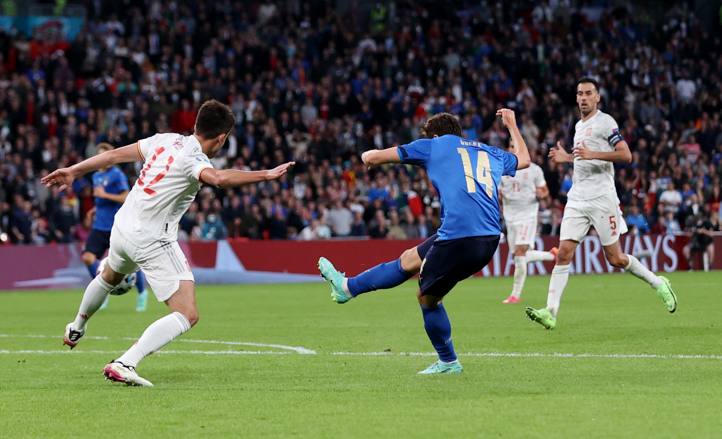 Soccer Football - Euro 2020 - Semi Final - Italy v Spain - Wembley Stadium, London, Britain - July 6, 2021 Italy's Federico Chiesa scores their first goal Pool via REUTERS