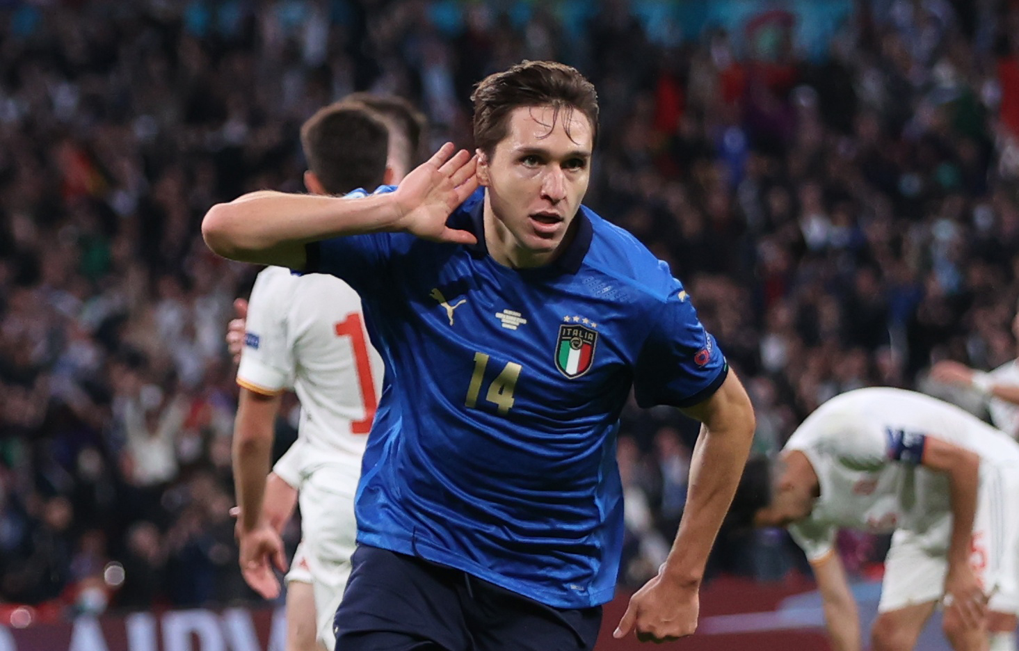 Soccer Football - Euro 2020 - Semi Final - Italy v Spain - Wembley Stadium, London, Britain - July 6, 2021 Italy's Federico Chiesa celebrates scoring their first goal Pool via REUTERS