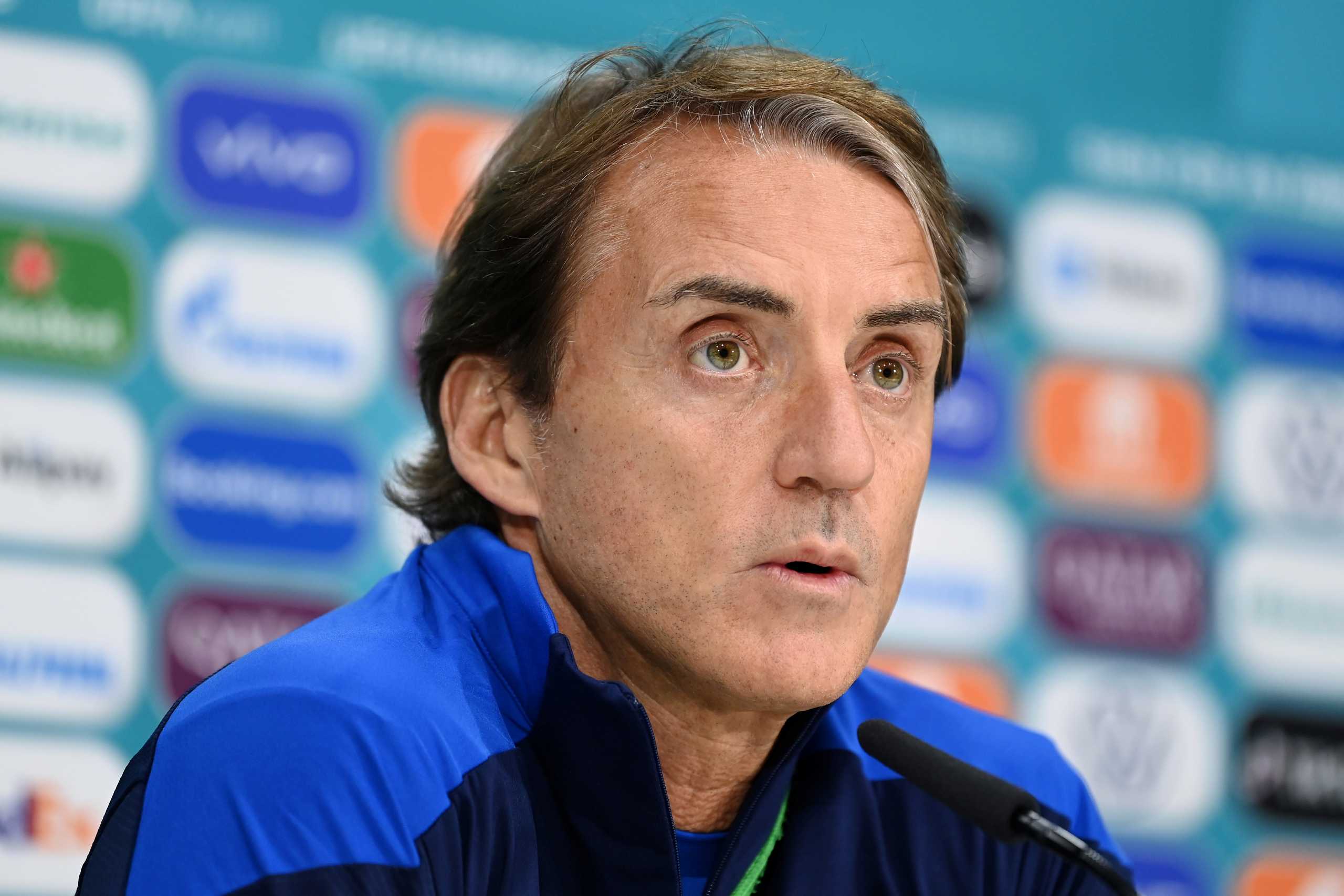 Soccer Football - Euro 2020 - Italy Press Conference - Tottenham Hotspur Training Centre, London, Britain - July 10, 2021 Italy coach Roberto Mancini during the press conference UEFA
