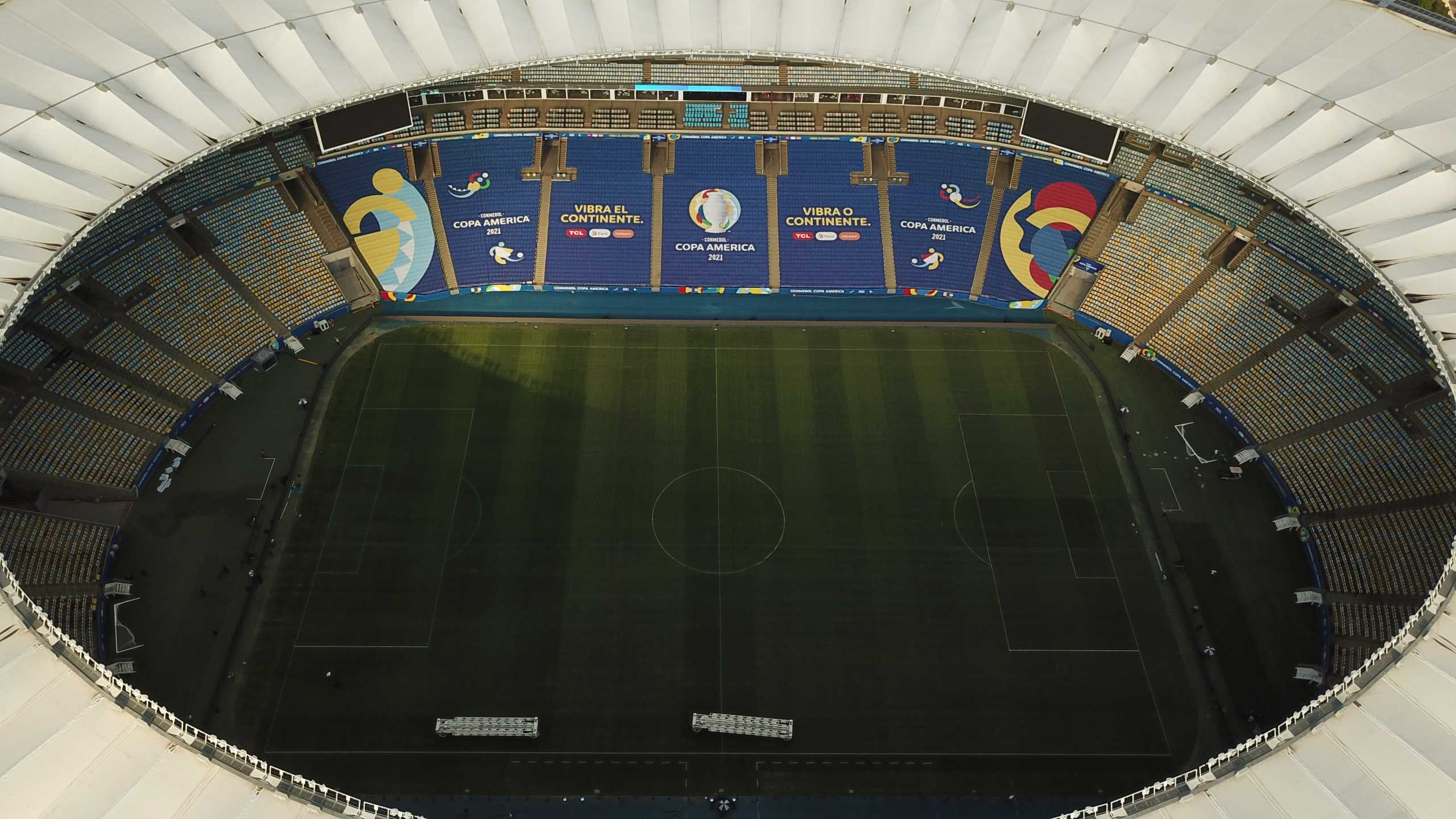 Soccer Football - Copa America 2021 - Maracana stadium ahead of the Copa America final between Brazil and Argentina - Rio de Janeiro, Brazil - July 9, 2021 Estadio do Maracana officially named Jornalista Mario Filho recently re-laid almost 50% of the turf in preparation for the final. Picture taken with a drone. REUTERS