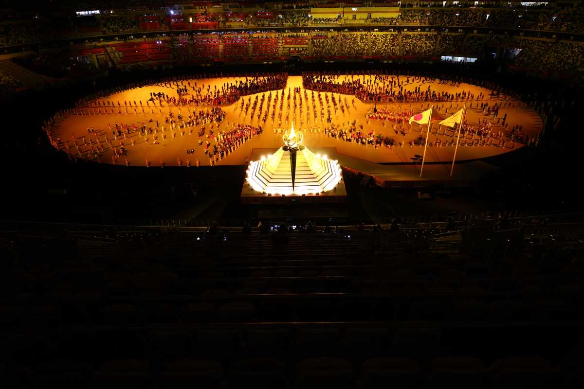 Tokyo 2020 Olympics - The Tokyo 2020 Olympics Opening Ceremony - Olympic Stadium, Tokyo, Japan - July 23, 2021. General view of the stadium after Olympic flame is lit during the opening ceremony REUTERS