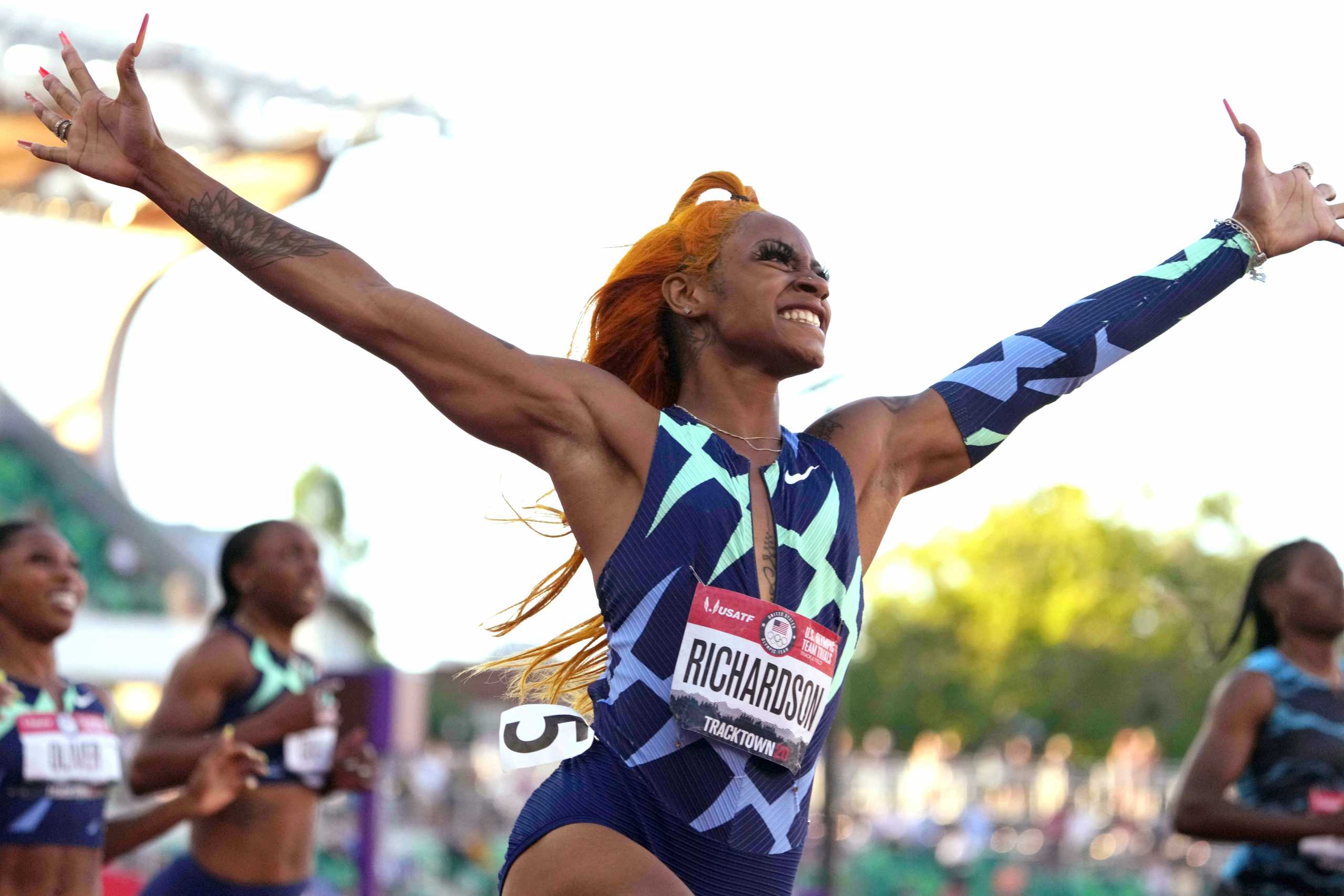 Jun 19, 2021; Eugene, OR, USA; Sha'Carri Richardson celebrates after winning the women's 100m in 10.86 during the US Olympic Team Trials at Hayward Field. Mandatory Credit: Kirby Lee-USA TODAY Sports     TPX IMAGES OF THE DAY