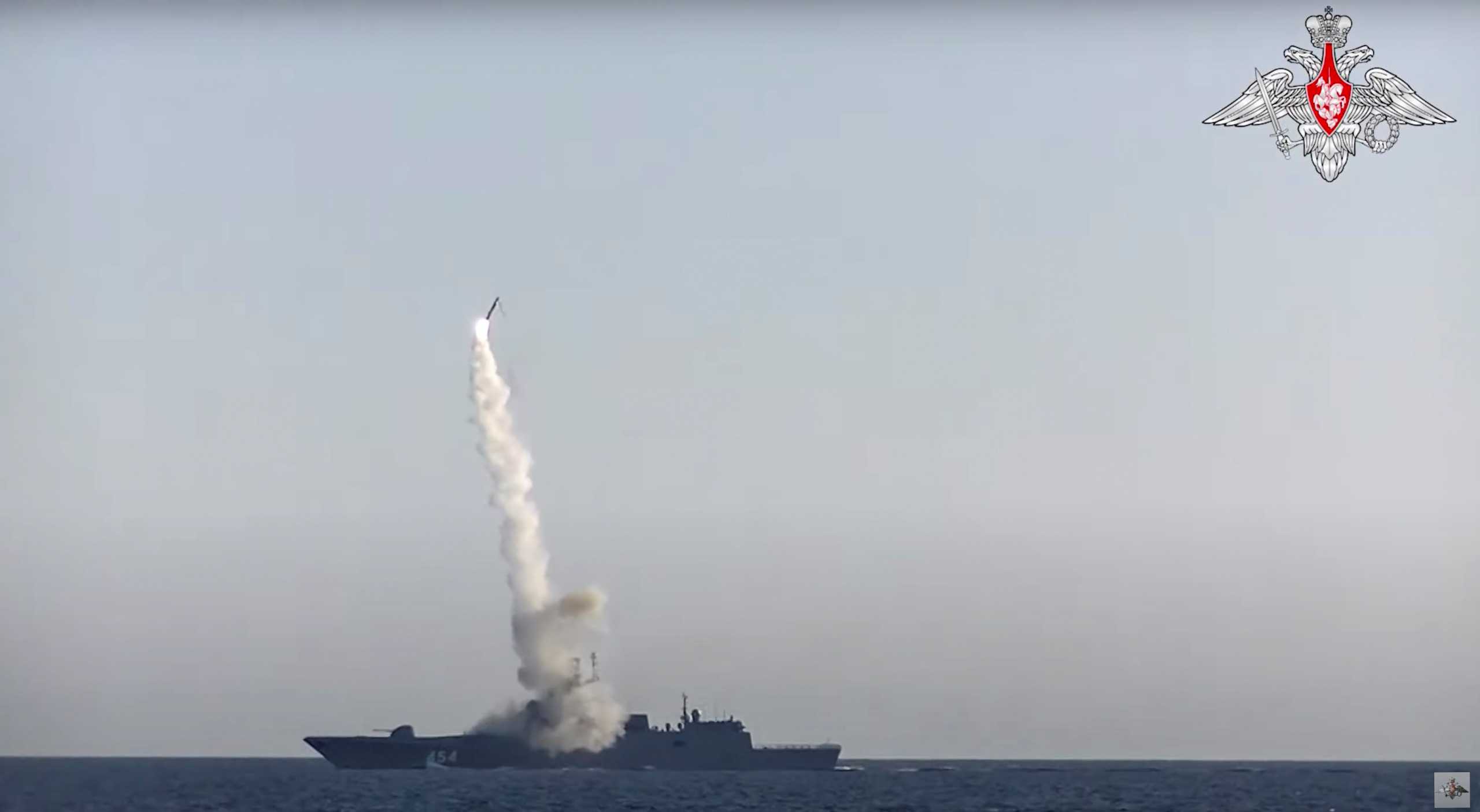 Tsirkon (Zircon) hypersonic cruise missile is fired from guided missile frigate Admiral Gorshkov in the White Sea in this still image taken from video released July 19, 2019.  Russian Defence Ministry