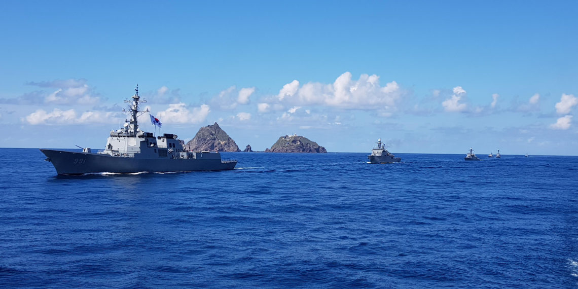 A South Korean Naval ship patrol around remote islands called Dokdo in Korean and Takeshima in Japanese during a military exercise, South Korea, August 25, 2019.   South Korean Navy
