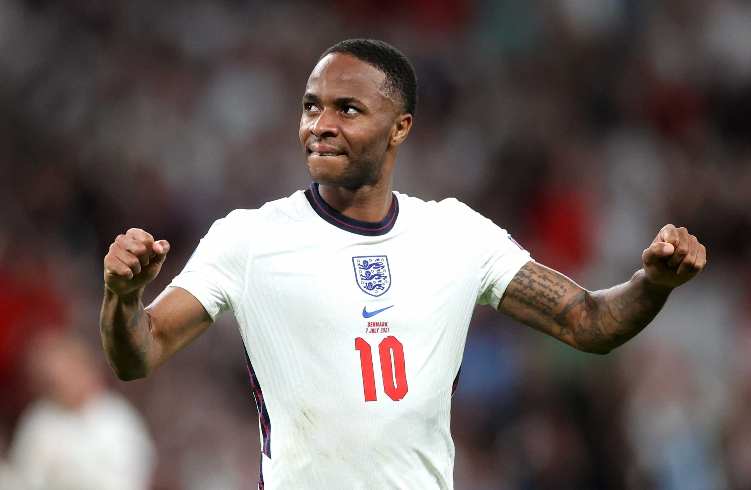 Soccer Football - Euro 2020 - Semi Final - England v Denmark - Wembley Stadium, London, Britain - July 7, 2021 England's Raheem Sterling celebrates after the match Pool via REUTERS