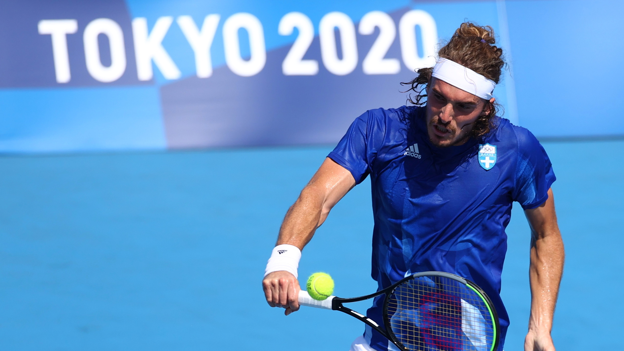 Tokyo 2020 Olympics - Tennis - Men's Singles - Round 3 - Ariake Tennis Park - Tokyo, Japan - July 28, 2021. Stefanos Tsitsipas of Greece in action during his third round match against Ugo Humbert of France REUTERS