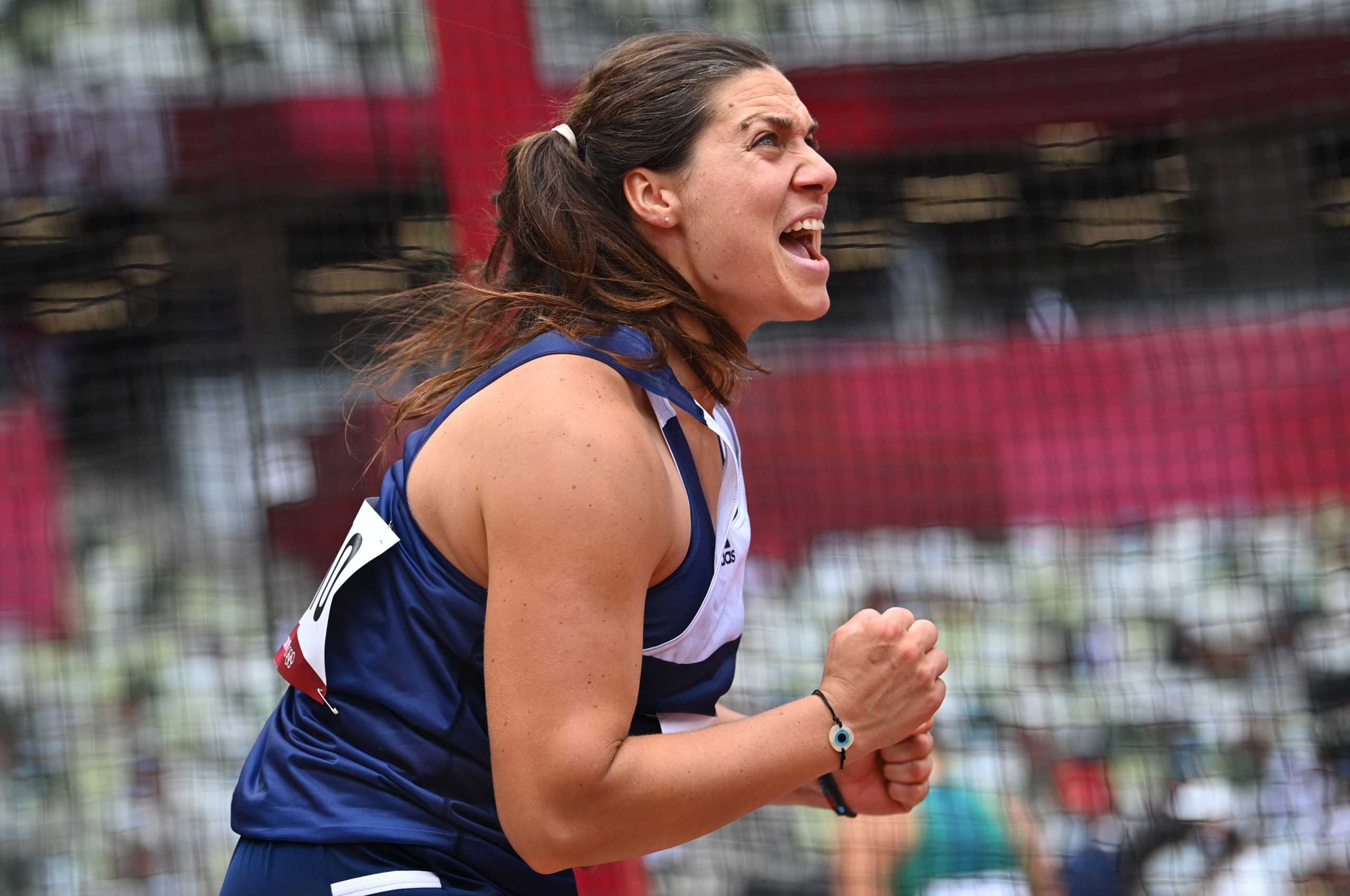 Tokyo 2020 Olympics - Athletics - Women's Discus Throw - Qualification - OLS - Olympic Stadium, Tokyo, Japan - July 31, 2021. Chrysoula Anagnostopoulou of Greece reacts after throwing REUTERS