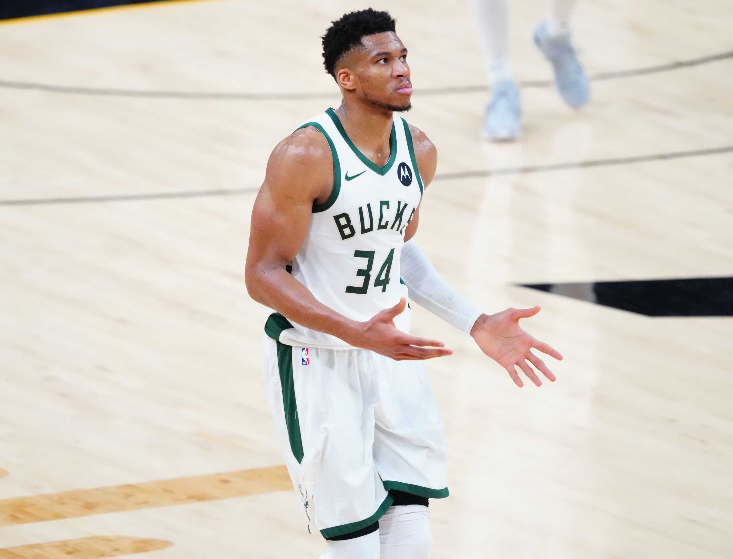 Jul 6, 2021; Phoenix, Arizona, USA; Milwaukee Bucks forward Giannis Antetokounmpo (34) reacts against the Phoenix Suns during the second half in game one of the 2021NBA Finals at Phoenix Suns Arena. Mandatory Credit: Mark J. Rebilas-USA TODAY Sports