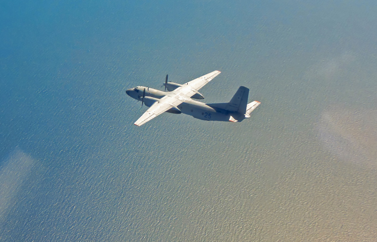 epa07640592 A handout picture provided by the British Royal Air Force (RAF) shows a Russian Antonov AN-26 transport aircraft flying along the Baltic coast, 10 June 2019 (issued 11 June 2019). According to the British Ministry of Defence, RAF fighter jets intercepted two Russian transport aircraft that were flying close to Estonian airspace.  EPA