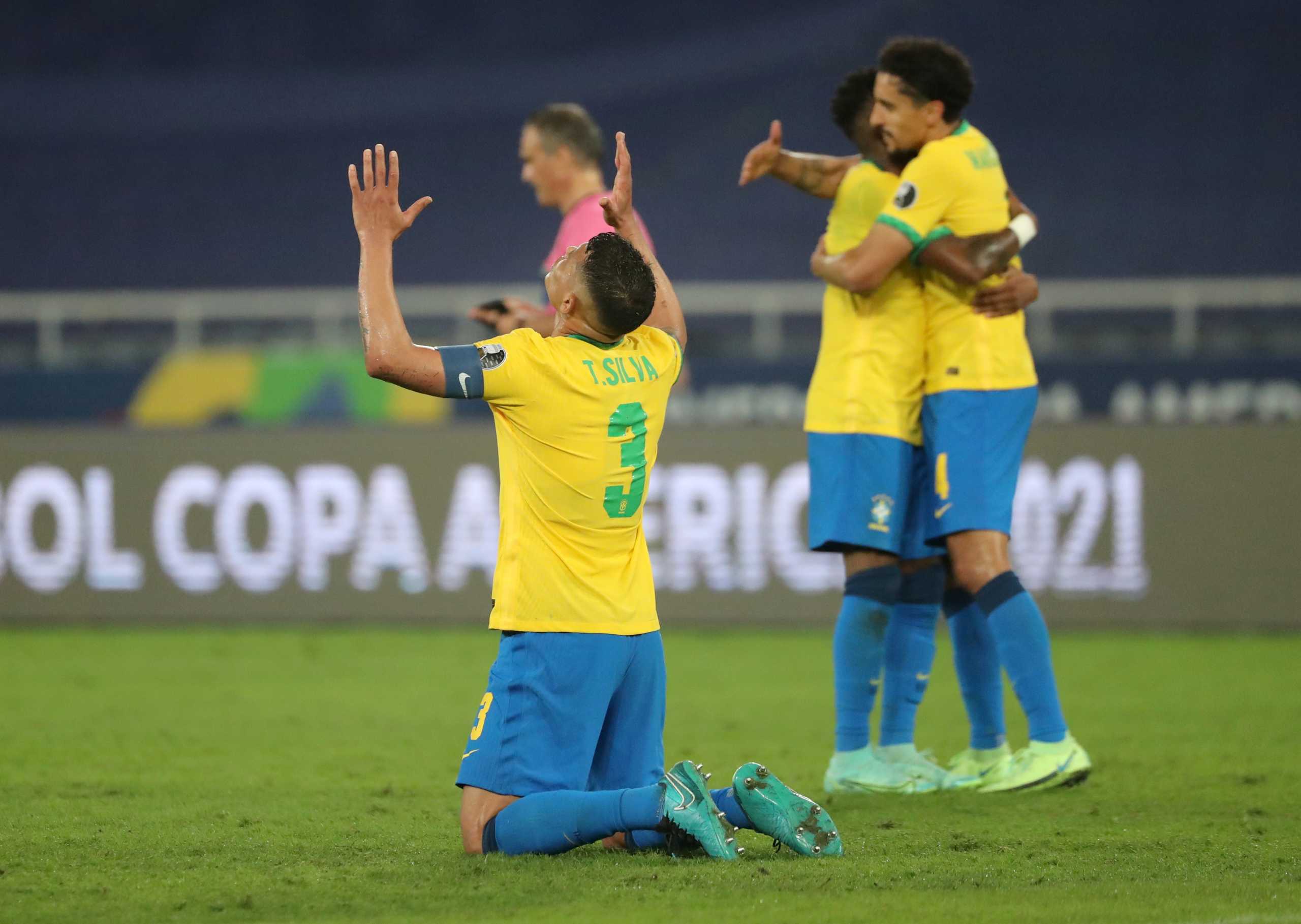 Soccer Football - Copa America 2021 - Quarter Final - Brazil v Chile - Estadio Nilton Santos, Rio de Janeiro, Brazil - July 2, 2021 Brazil's Thiago Silva reacts after the match REUTERS