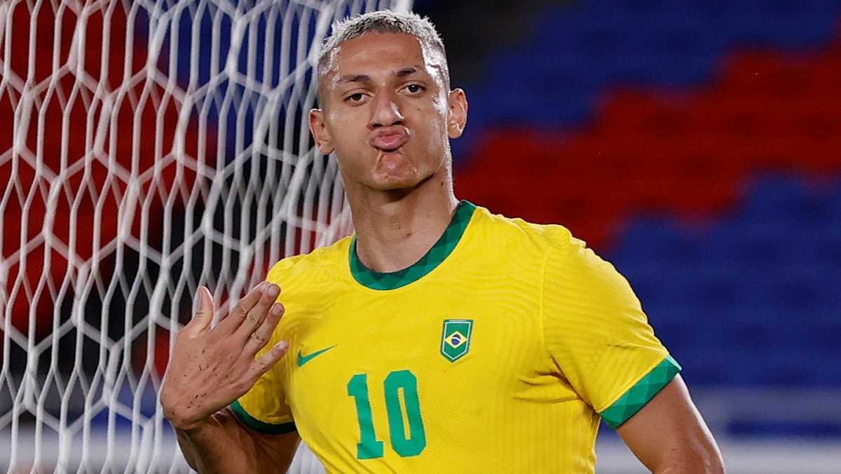 Tokyo 2020 Olympics - Soccer Football - Men - Group D - Brazil v Germany - International Stadium Yokohama, Yokohama, Japan - July 22, 2021. Richarlison of Brazil celebrates scoring their third goal and completing his hat-trick REUTERS