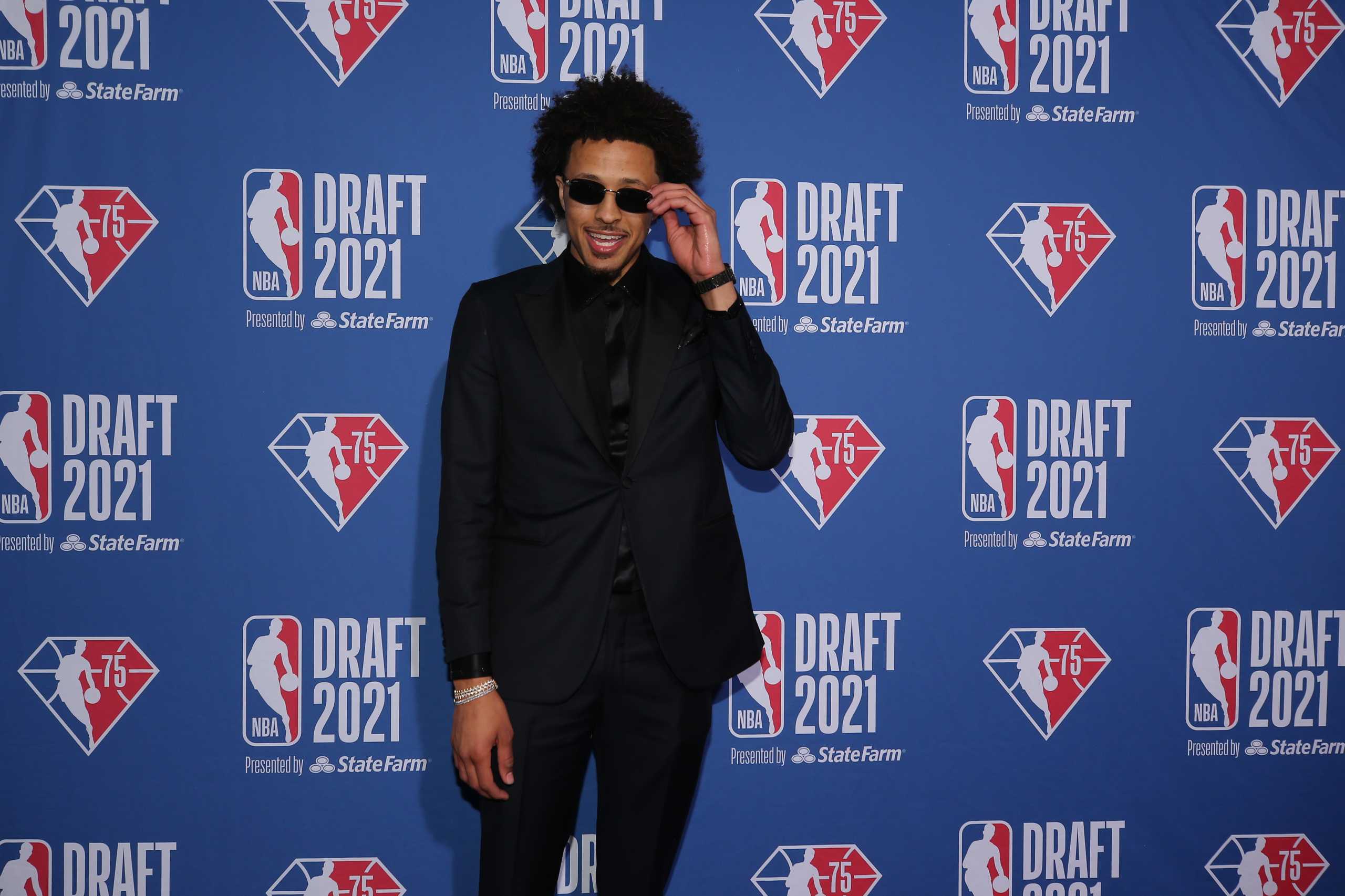 Jul 29, 2021; Brooklyn, New York, USA; Cade Cunningham (Oklahoma State) arrives on the red carpet before the 2021 NBA Draft at Barclays Center. Mandatory Credit: Brad Penner-USA TODAY Sports