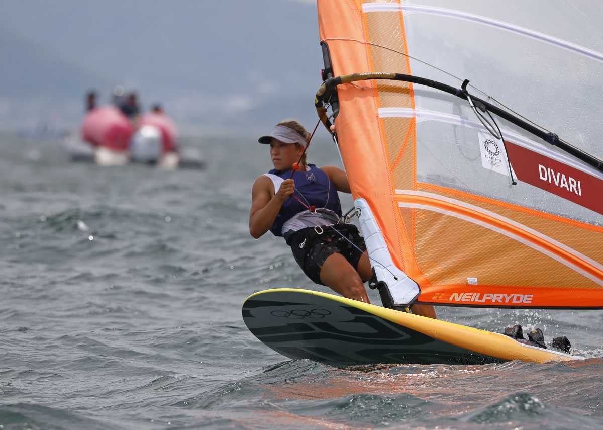 Tokyo 2020 Olympics - Sailing - Women's RS:X - Opening Series - Enoshima Yacht Harbour - Tokyo, Japan - July 26, 2021. Aikaterini Divari of Greece warms up before the race. REUTERS