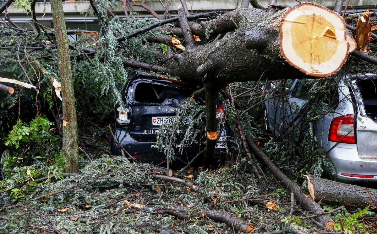 A view of a parked car damaged by a fallen tree following thunderstorms and torrential rain in front of a residential building in Zurich, Switzerland July 13, 2021. REUTERS