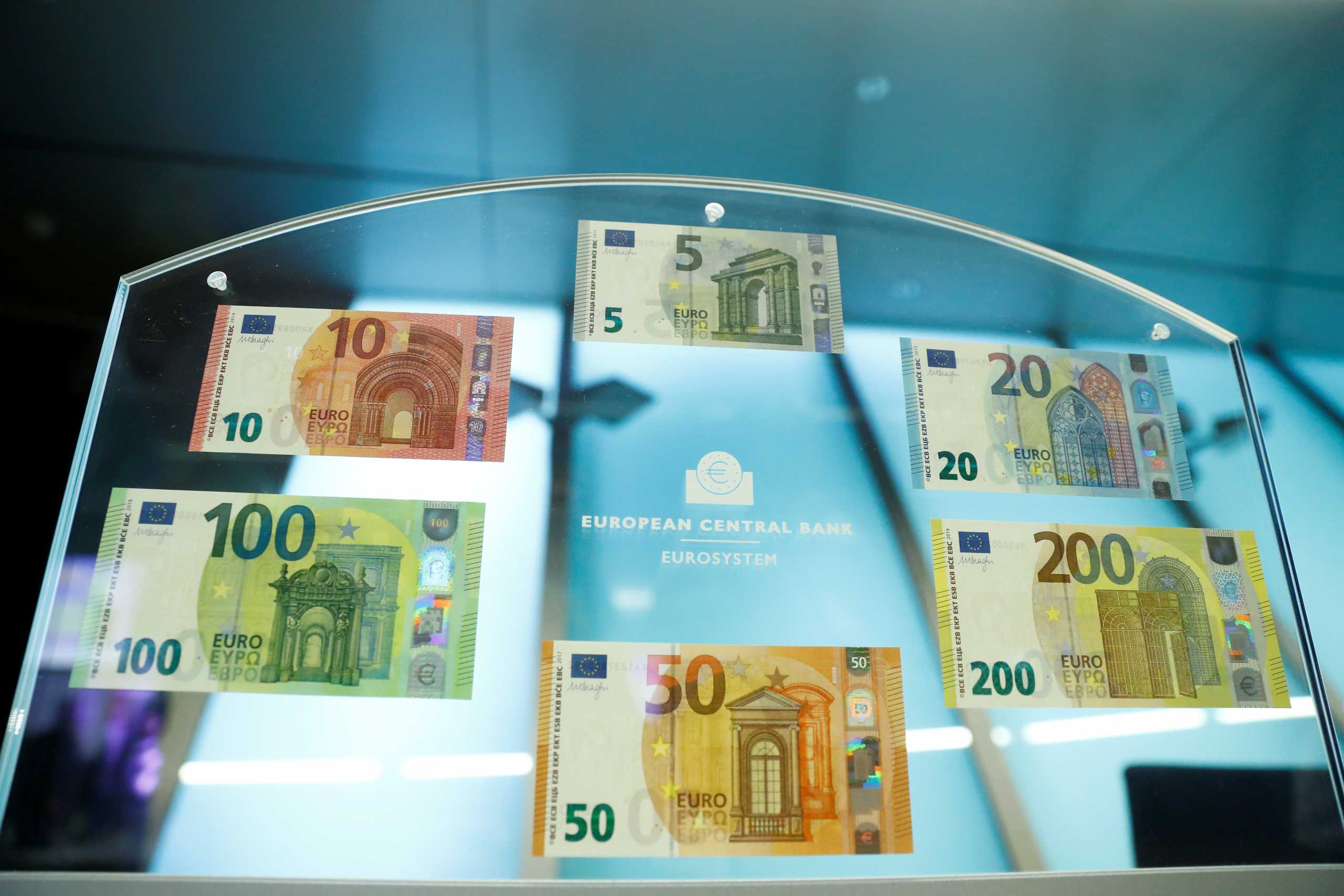 FILE PHOTO: The complete Europa series, with the new 100- and 200-euro banknotes, is displayed during a presentation at the ECB headquarters in Frankfurt, Germany, September 17, 2018. REUTERS
