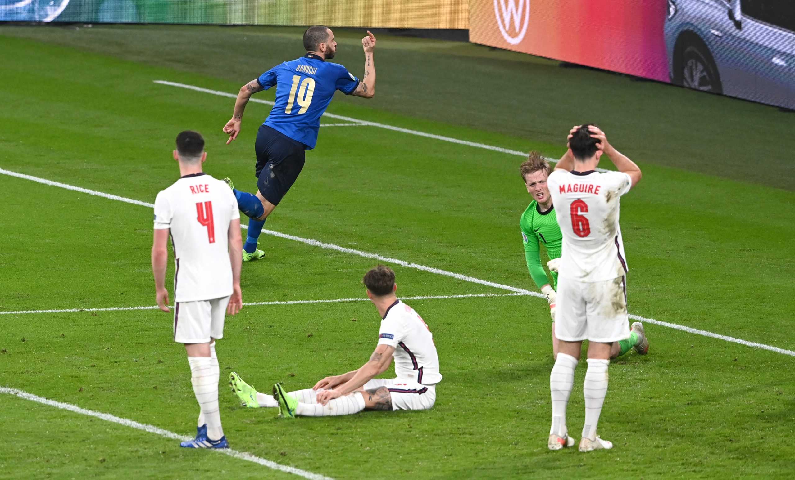 Soccer Football - Euro 2020 - Final - Italy v England - Wembley Stadium, London, Britain - July 11, 2021 Italy's Leonardo Bonucci celebrates scoring their first goal Pool via REUTERS