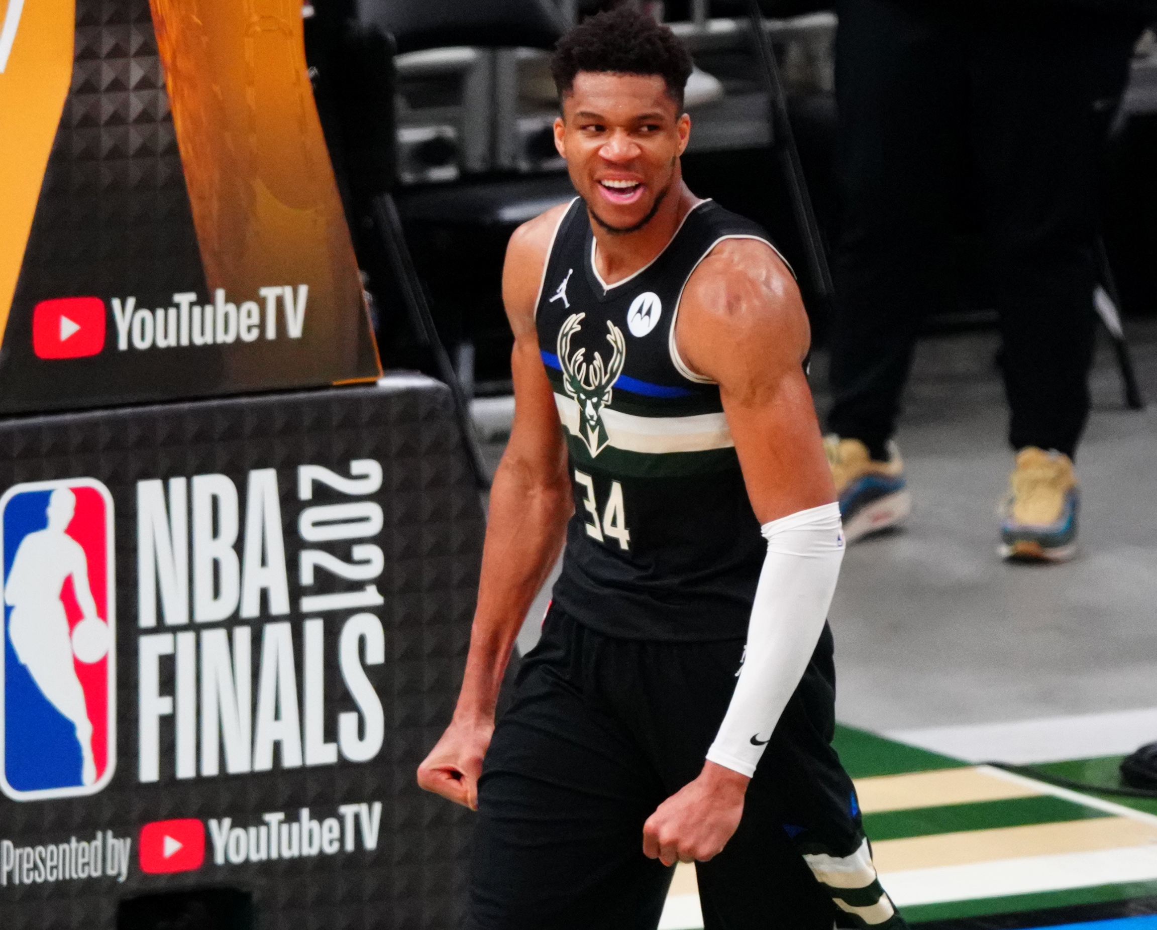 Jul 20, 2021; Milwaukee, Wisconsin, USA; Milwaukee Bucks forward Giannis Antetokounmpo (34) celebrates during game six of the 2021 NBA Finals against the Phoenix Suns at Fiserv Forum. Mandatory Credit: Mark J. Rebilas-USA TODAY Sports