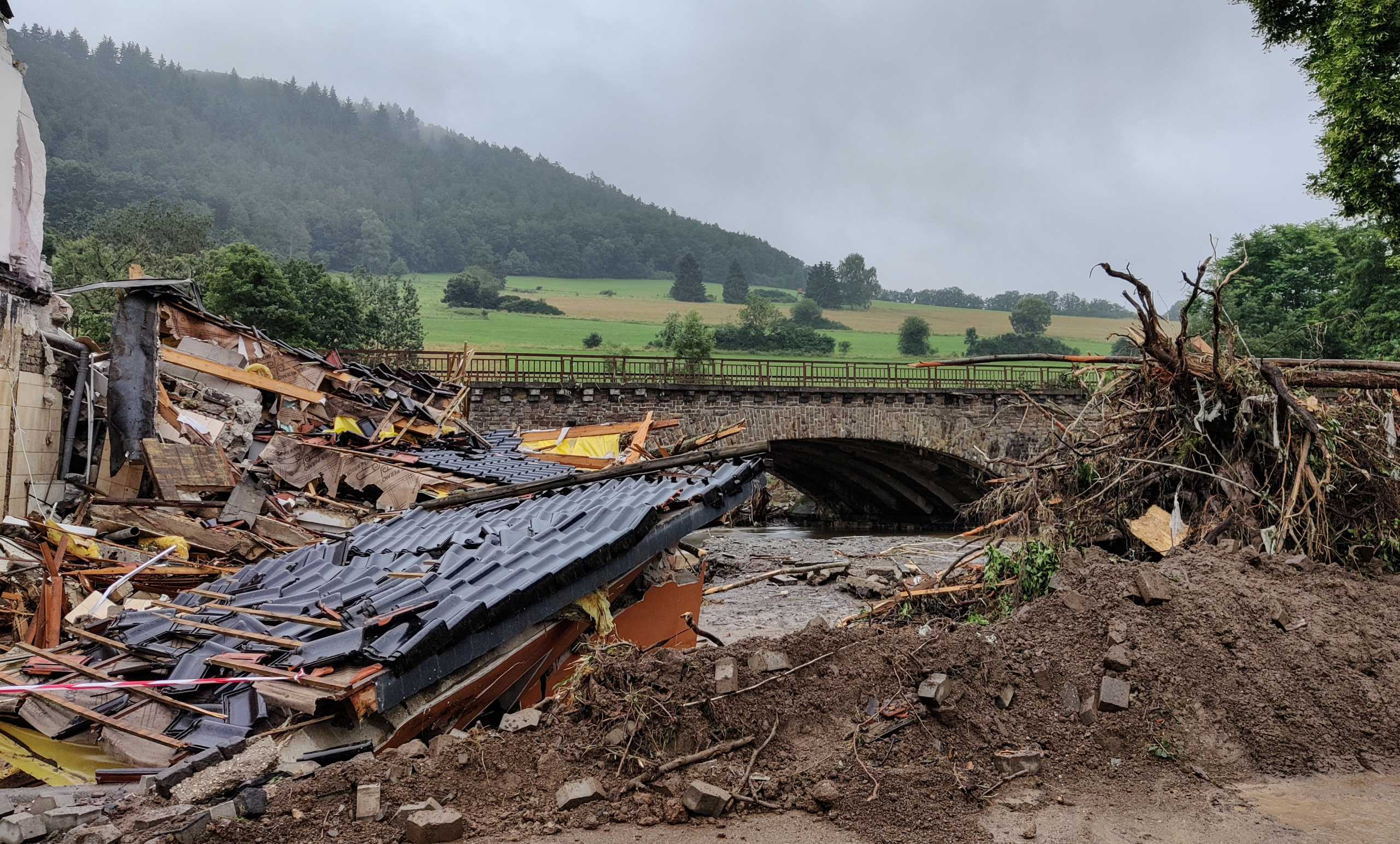 A collapsed building is pictured after a flood in Schuld, Germany, July 16, 2021. Picture taken with a drone. REUTERS